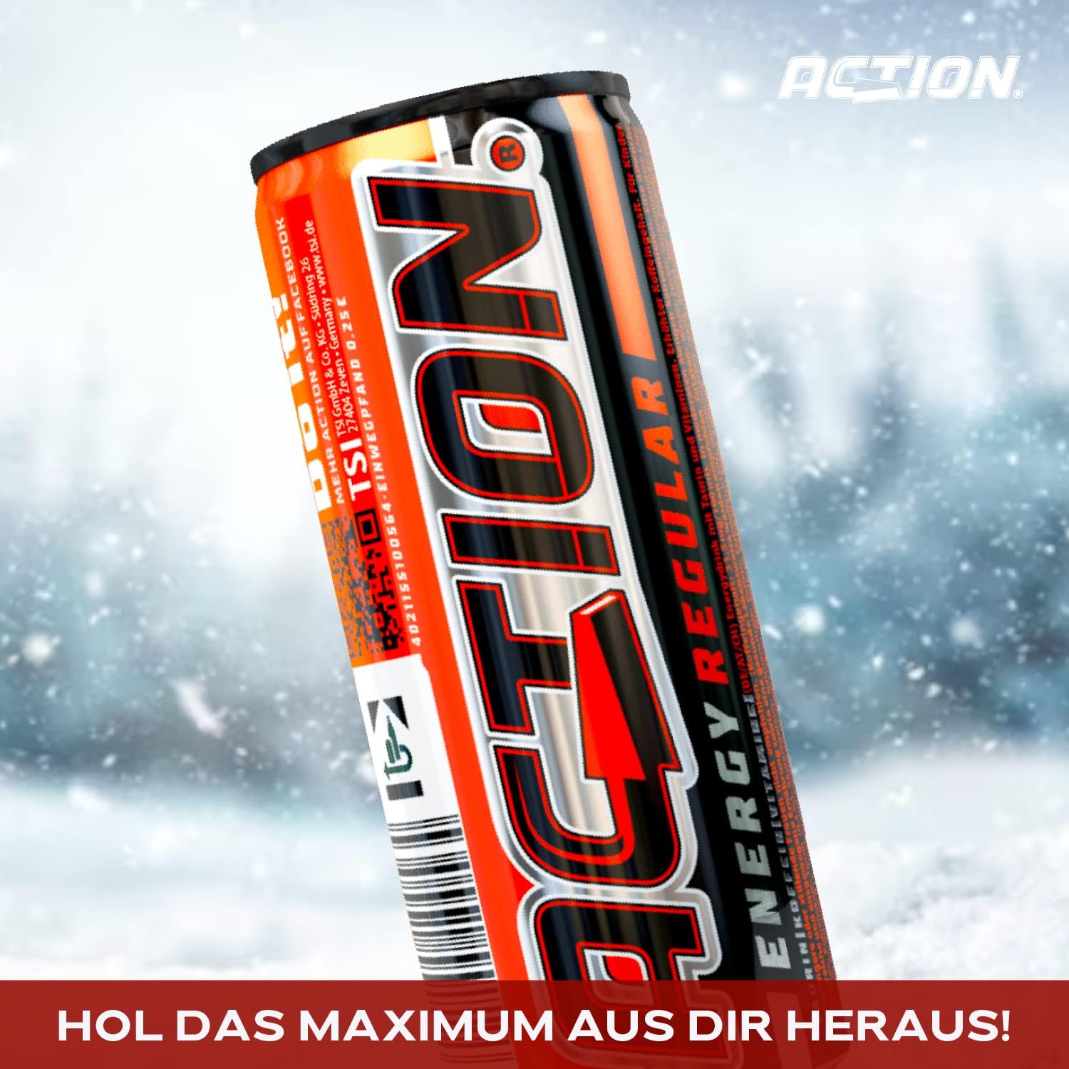 Action Energy Drink Regular (48 x 250 ml) incluye depósito – Refresco con sabor a tutti-Frutti – patata energética con mayor contenido de cafeína 31,5 mg/100 ml de cafeína