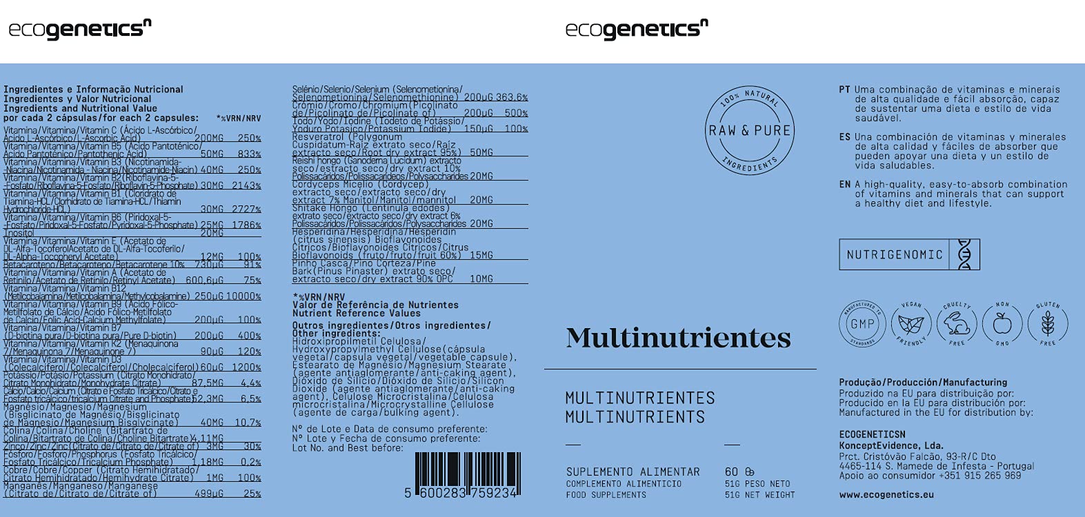 ECOGENETICS - Multinutrientes 60 Cápsulas | Multivitaminas + Minerales + Antioxidantes| Nutrigenómicos de Máxima Biodisponibilidad | Acelerador Metabolismo y Fortalece el Sistema Inmunitario