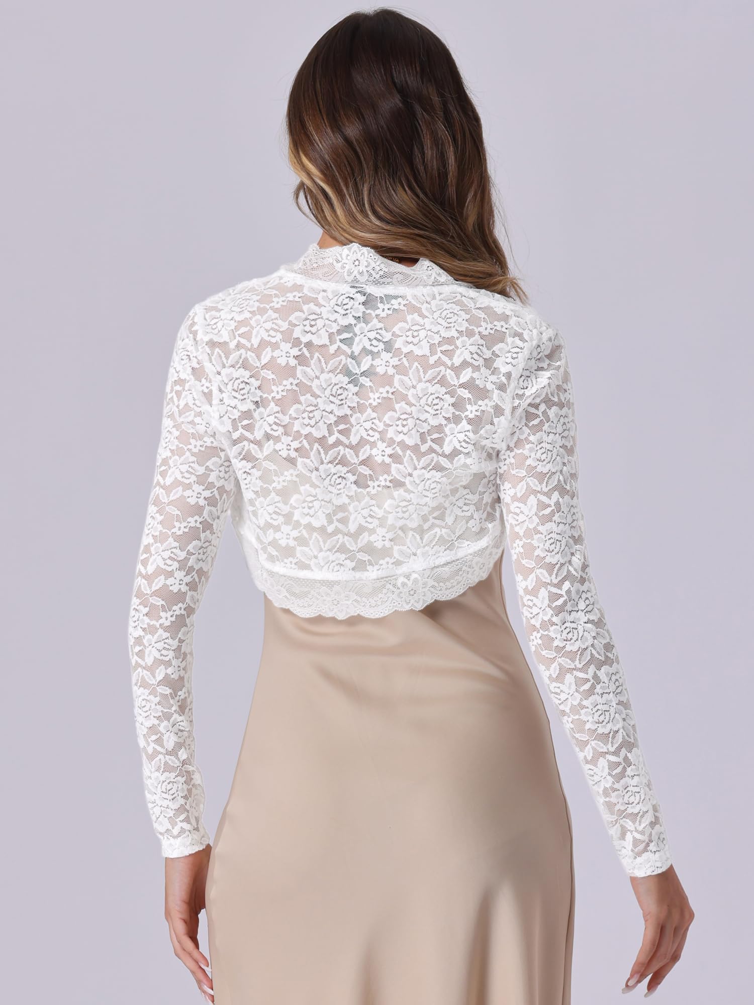 Allegra K Boléro en Dentelle Florale Femme Cardigan Court à Volants pour Robe de Cocktail Gilet Transparent Manches Longues Veste en Maillage