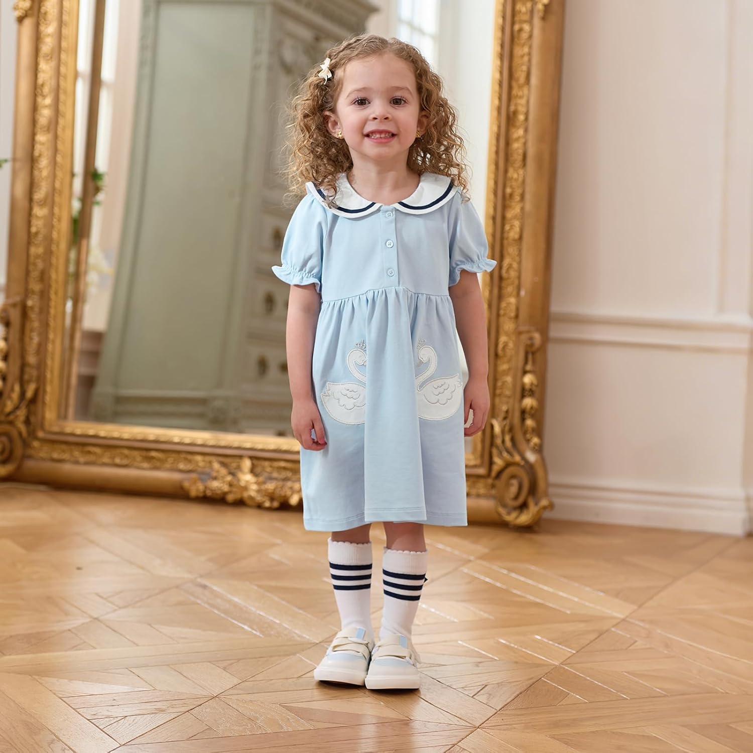 DAVE&BELLA Toddler Girls Summer Dress, Baby Puff Short Sleeve Floral Sundress Cotton Polo Dress for Playwear Birthday Party