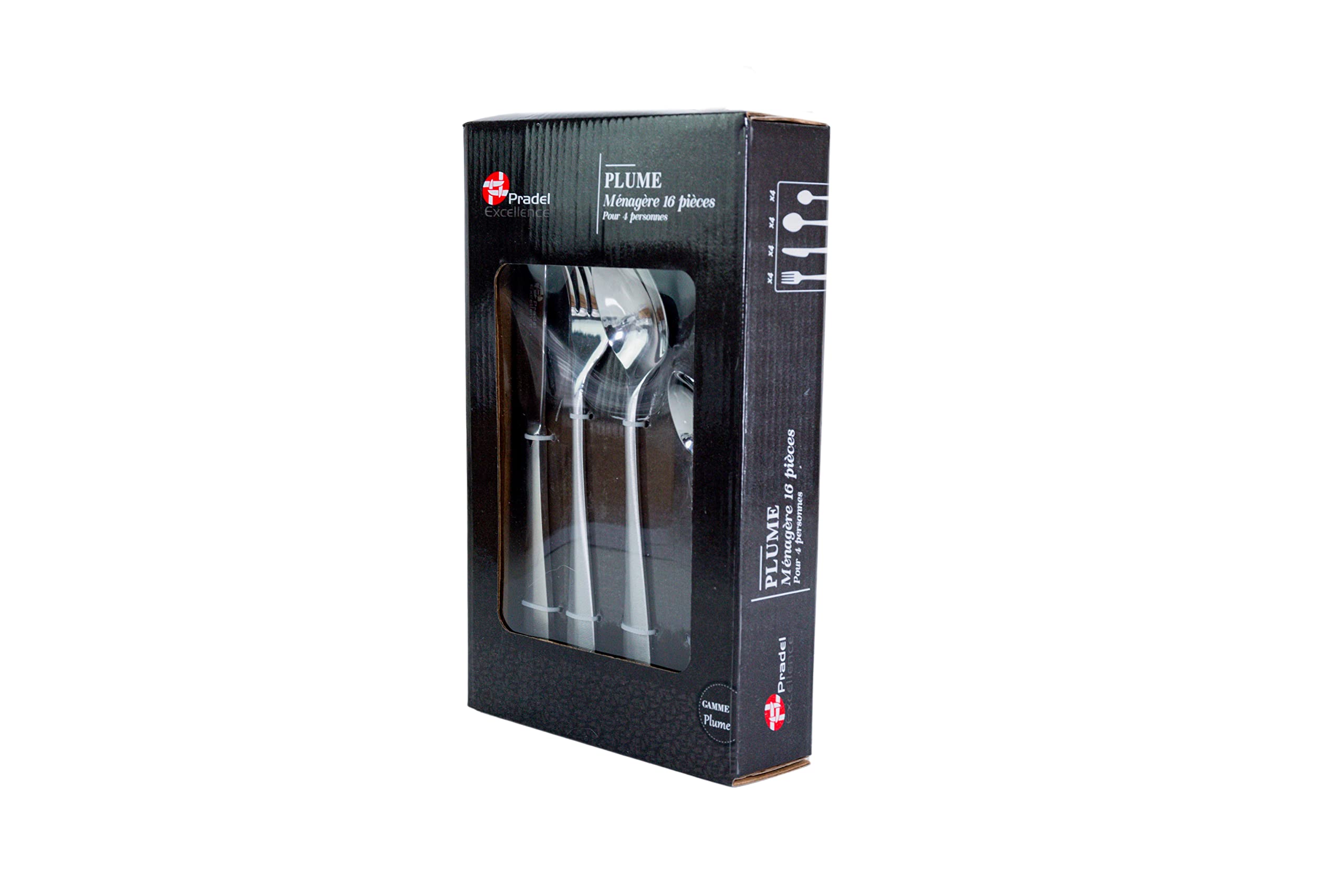 Pradel Excellence - Ménagère Plume 16 Couverts de Table - Coffret pour 4 Personnes en Acier Inoxydable - Set de Couteaux de Table, Fourchettes, Cuillères à Soupe, Cuillères à Café - Finition Miroir