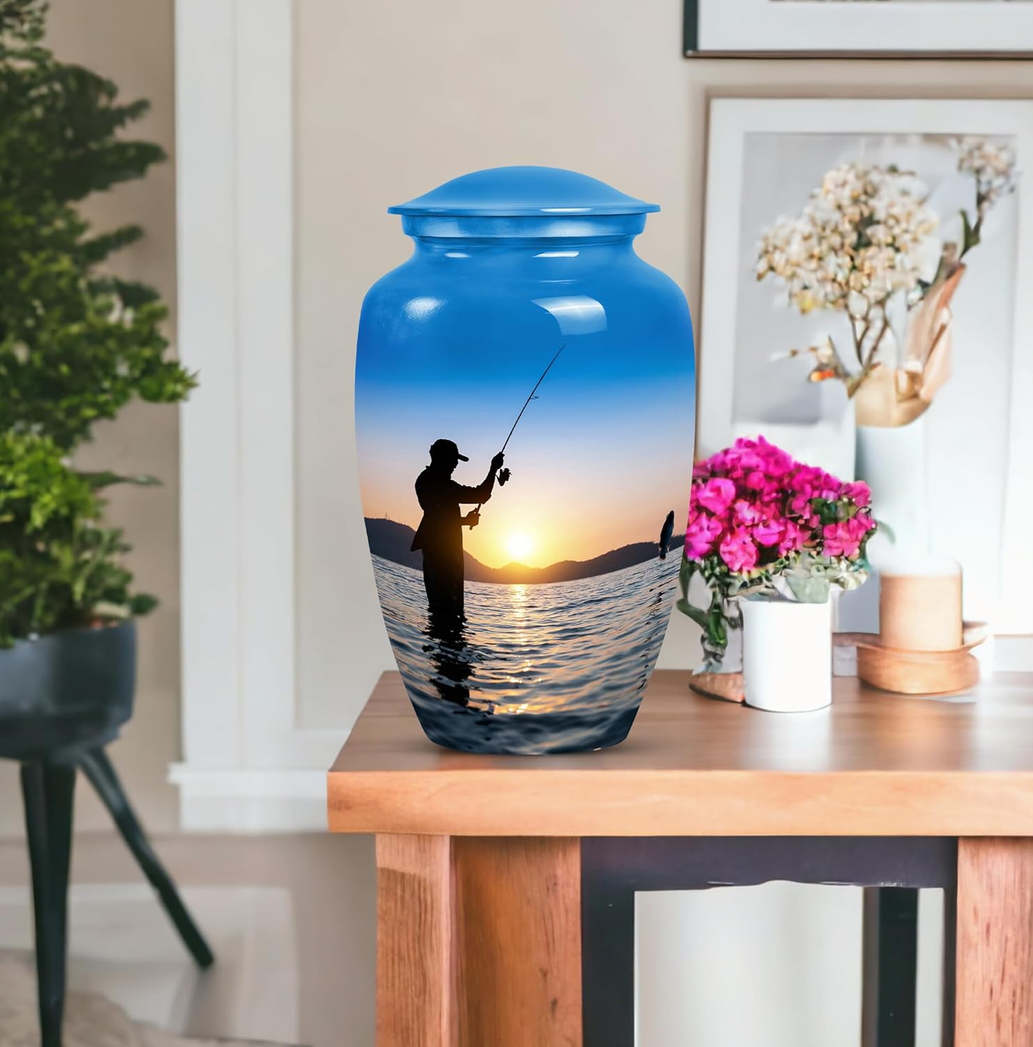 Fisherman Cremation Urn for Mom & Dad - Fishing Urn - Large Urns for Human Ashes Adult - Blue Urns for Ashes for Women 10 Inch