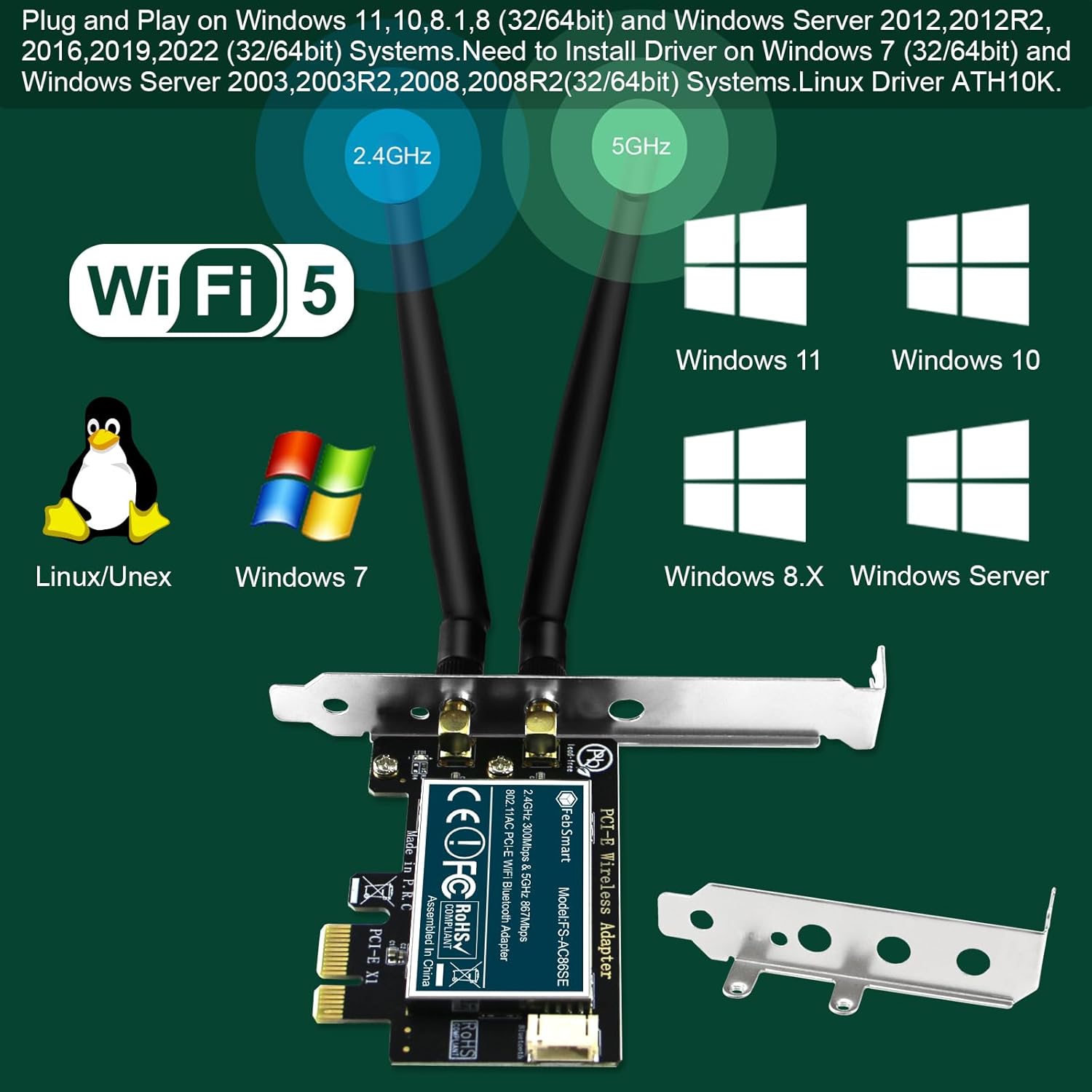 Wireless-AC Dual Band 1200Mbps (2.4GHz 300Mbps and 5GHz 867Mbps) PCI Express WiFi Card for Windows XP, 7, 8.x, 10, 11 (32/64bit) and Windows Server Desktop PCs, PCIE WiFi Adapter (FS-AC86SE)