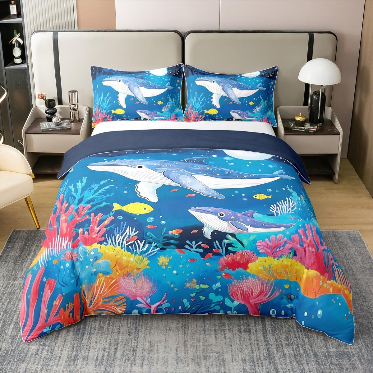 Parure de lit baleine 100% coton 3 pièces avec housse de couette monde sous-marin
