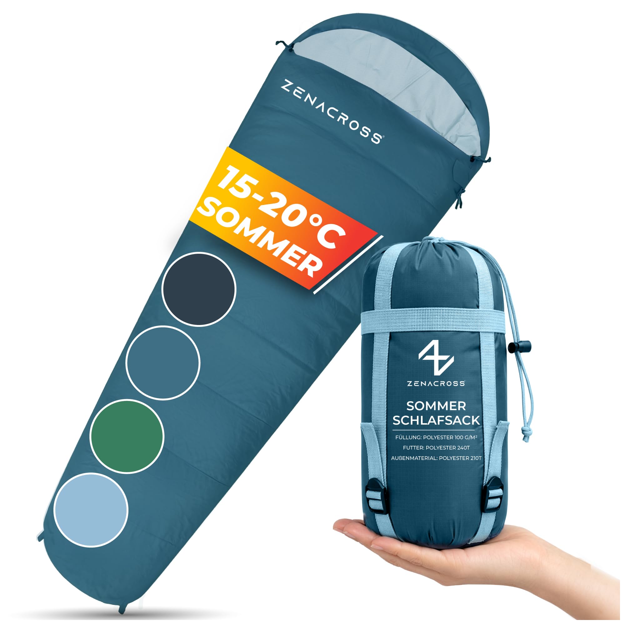 Zenacross Schlafsack Erwachsene - Sommerschlafsack Kleines Packmaß & Ultraleicht - Mumienschlafsack für Camping, Outdoor & Festivals
