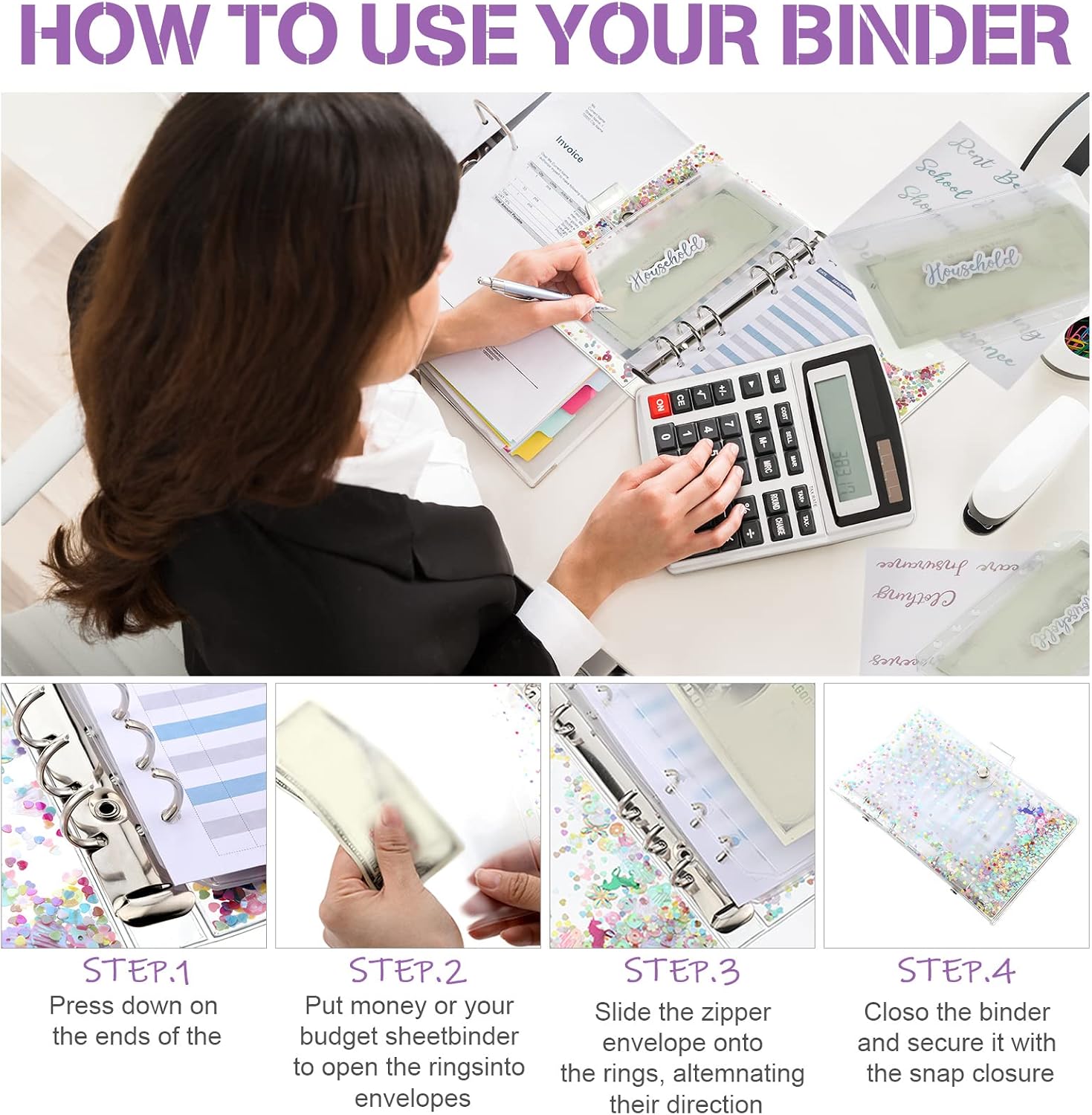 27 Pieces A6 PVC Binder Notebook Cover, Binder Budget Envelope System Budget Planner Organizer, Waterproof 6-Ring Binder, Budget Sheet, Laser Color Label for Bill Planner, Home Office School (Sequins)