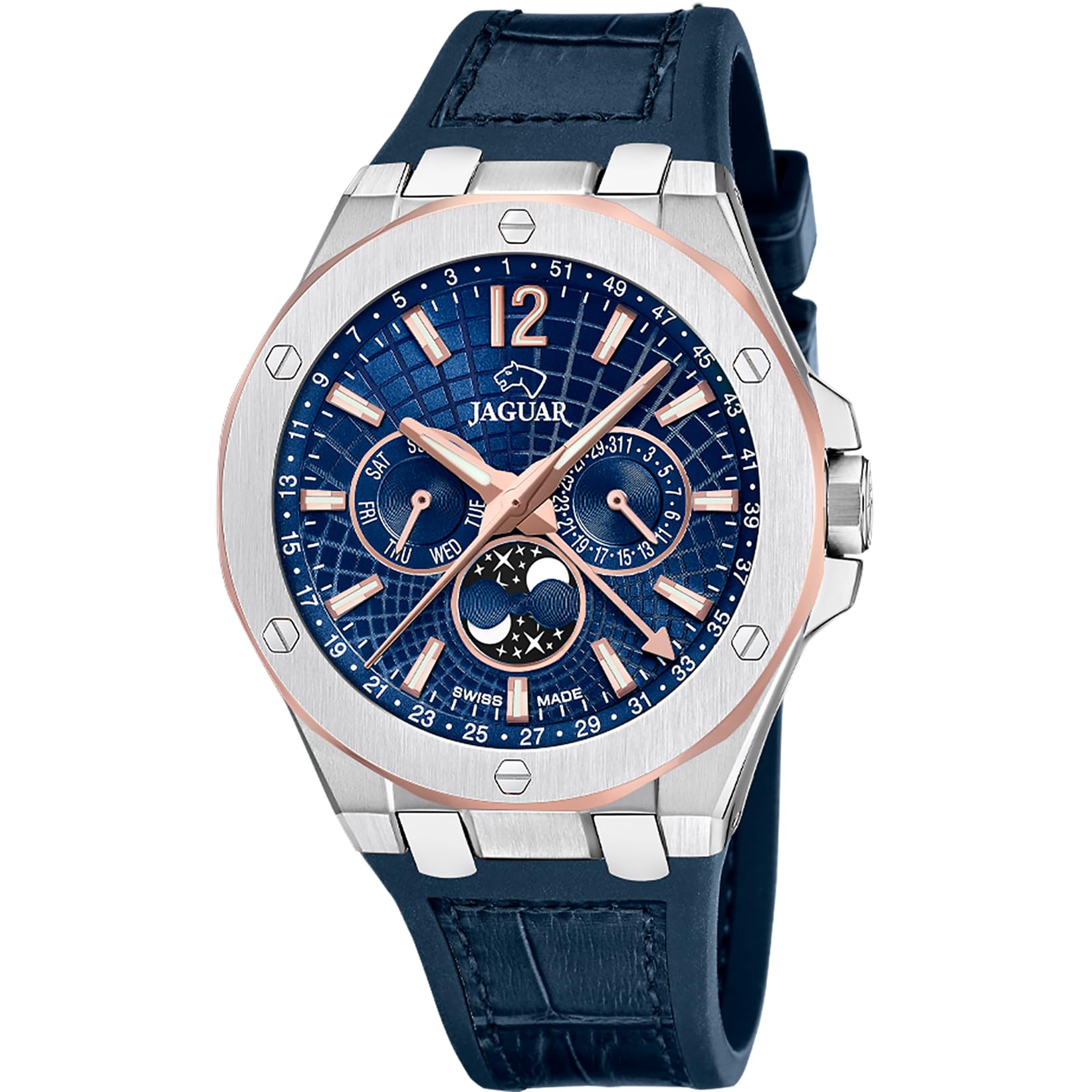 JAGUAR Swiss Made Reloj Analógico Hombre con Fase Lunar de Cuero Azul - Movimiento de Cuarzo - Cristal Zafiro de Alta Resistencia - Resistente al Agua 10 ATM Elegante J1040/​2 Diplomatic