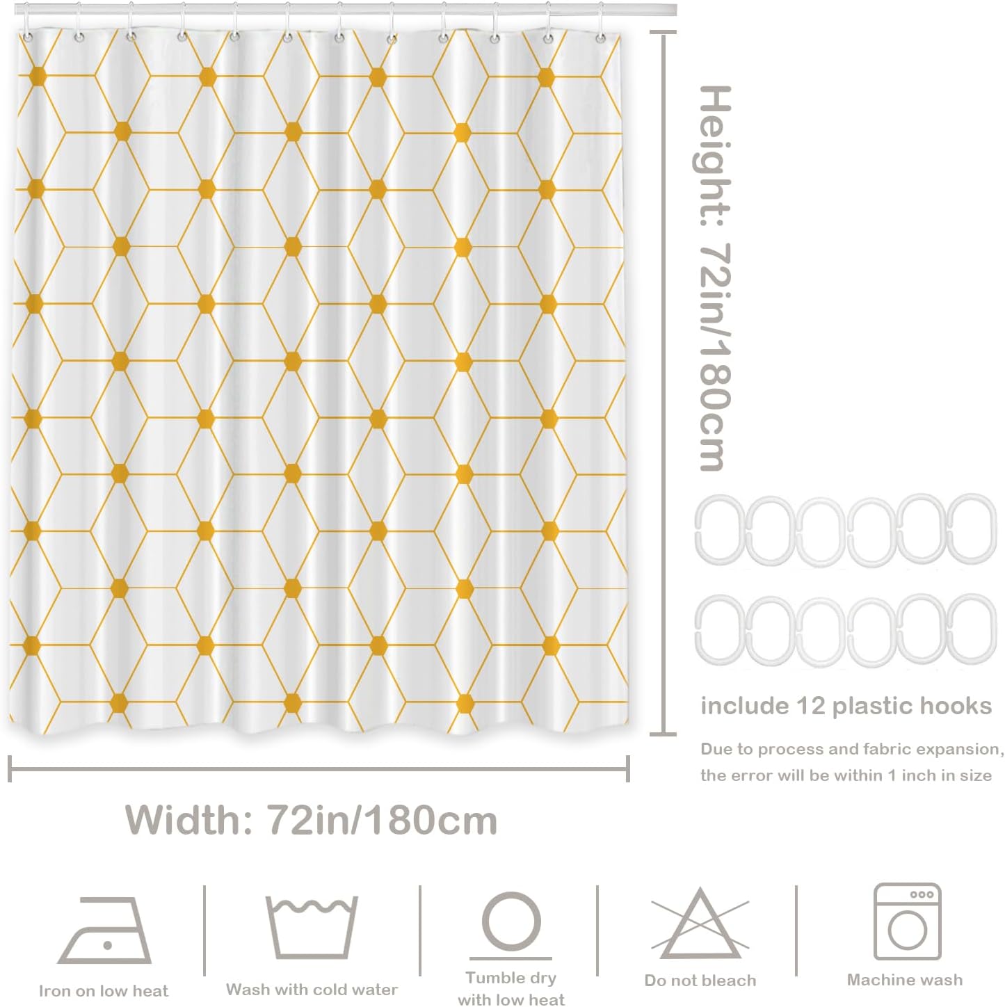 Batmerry Geometric Decor Shower Curtain, Sacred Geometry Grid Graphic Golden Hexagon Bathroom Decor Polyester Fiber Plastic Rings Quick-Drying Waterproof for Bathtubs/Bathroom, 72x72 inches