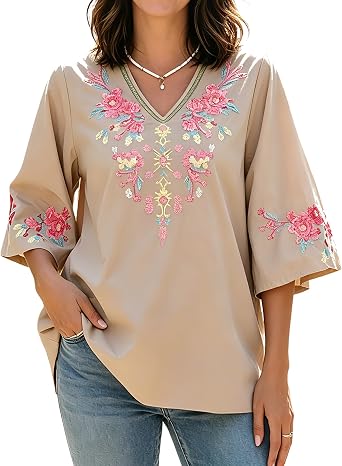Womens Embroidered Tops Mexican Boho Blouses Fiesta Shirts Peasant Tunic | Higustar Mexican Embroidered Tops