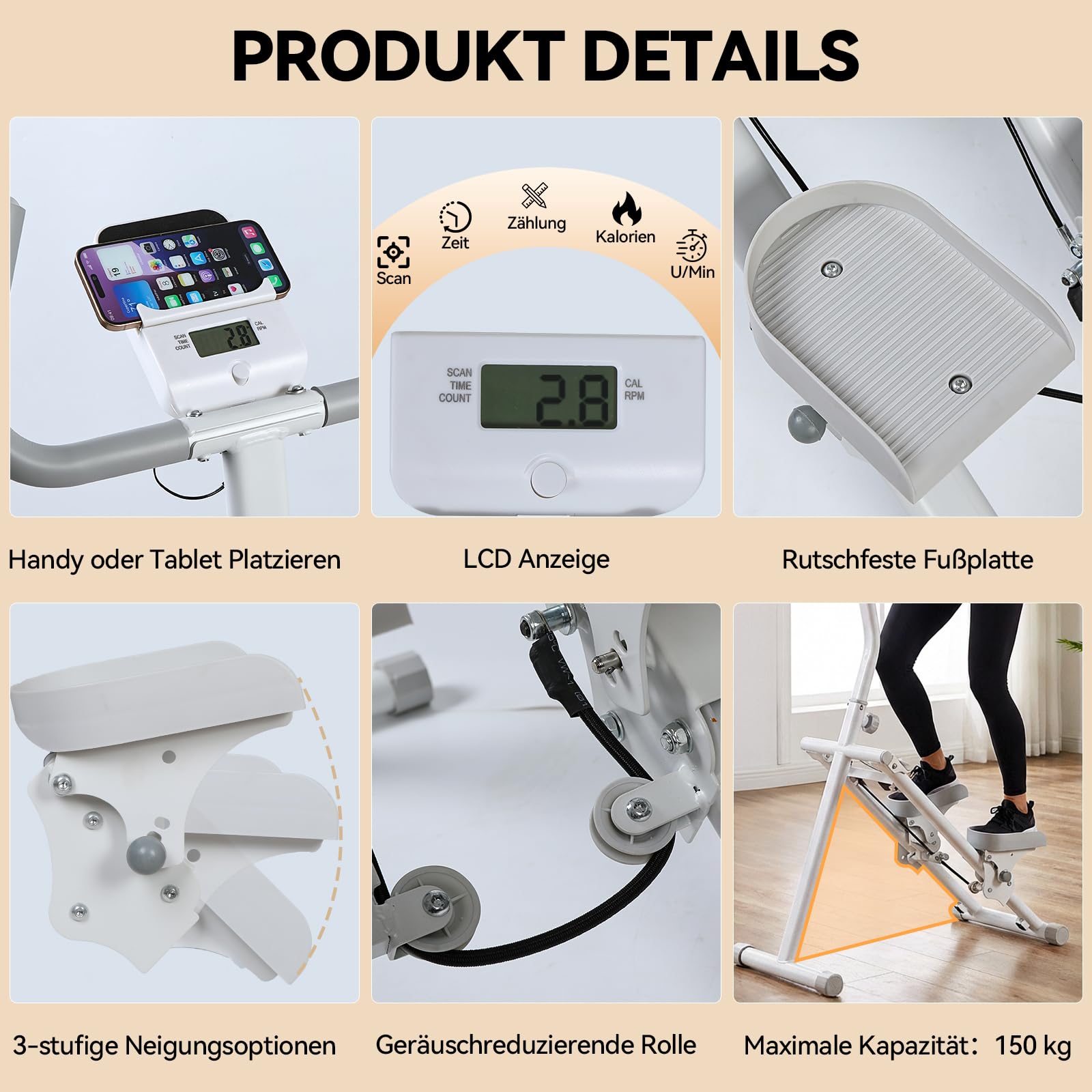 LEAFIA Stair Stepper pour la maison - Machine d'escalade verticale Stairmaster pour l'entraînement de tout le corps - Appareil d'escalade aérobic pliable compact avec écran LCD, guidon et pédales