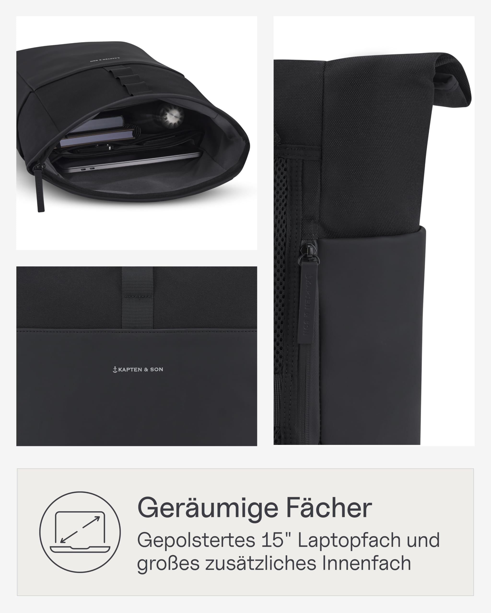 Kapten & Son Rucksack Lund Basic 14-16,5 L | Rolltop Damen & Herren | Handgepäck Rucksack mit 14'' Laptopfach | Vegan & Wasserabweisend