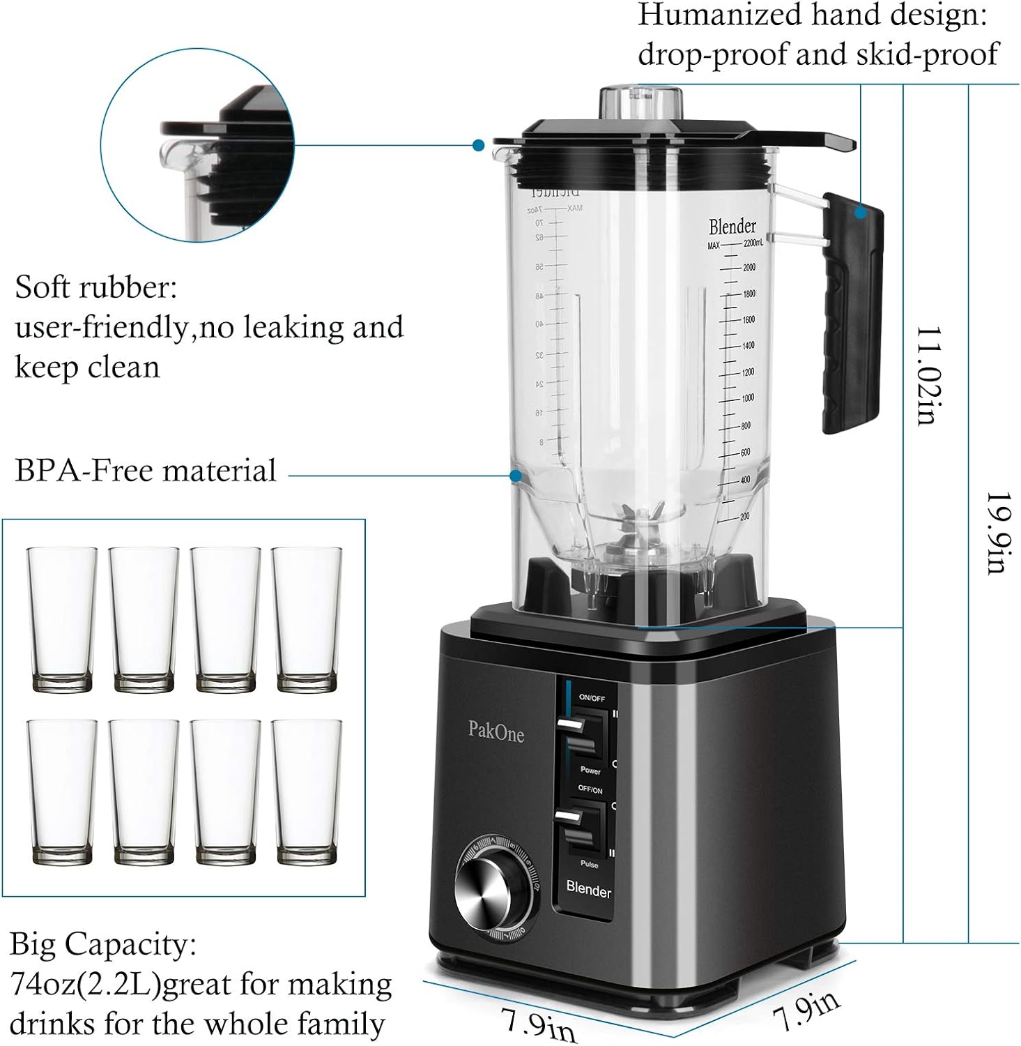 PakOne Professional Countertop Blender, High speed blender with 1800W Base,SUS 316 Stainless-Steel Blades, Smoothies Maker with 74 Oz BPA-Free Big Capacity Jar, DT-710 Dark Grey : Home & Kitchen