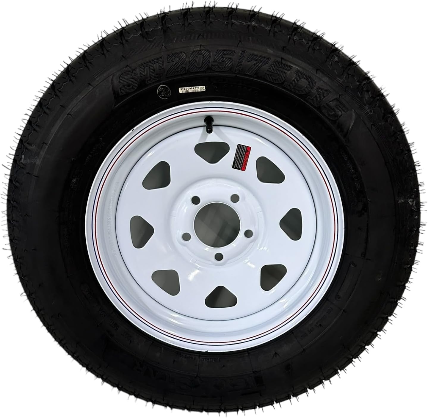 ST205/75D15 TEX STAR TRAILER TIRE ON RIM, LOAD RANGE C 6 PLY BIAS, 5 LUG WHITE SPOKE WHEEL WITH 5X4.5" BOLT PATTERN. REPLACES F78 OR R15 - INCLUDES WARRANTY