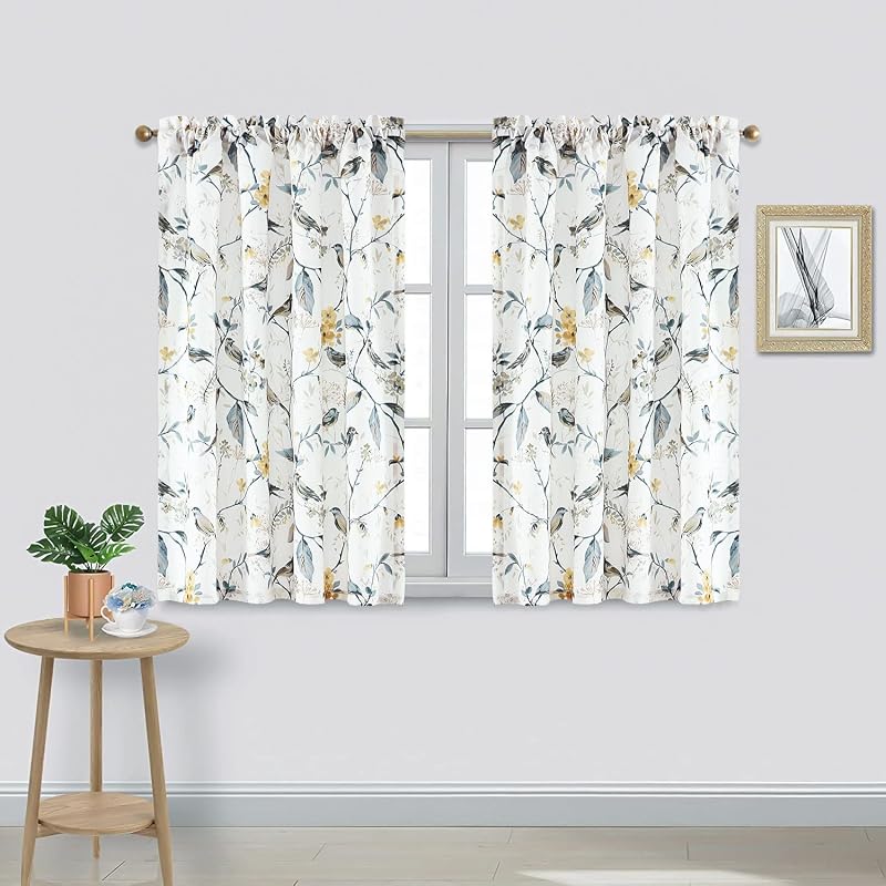 Bird Floral Print Light Filtering Curtains, 42 x 45, 2 Panels, Gray | Soft Thick Fabric, Easy to Clean, Rod Pocket Window Treatments, Faux Linen Drapes for Living Room
