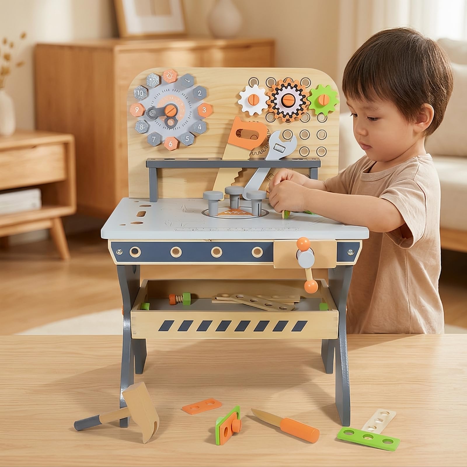 Banco da Lavoro in Legno Creativo | STEAM, Sicuro, Banco da Lavoro con Attrezzi, per Cameretta, Bambini,