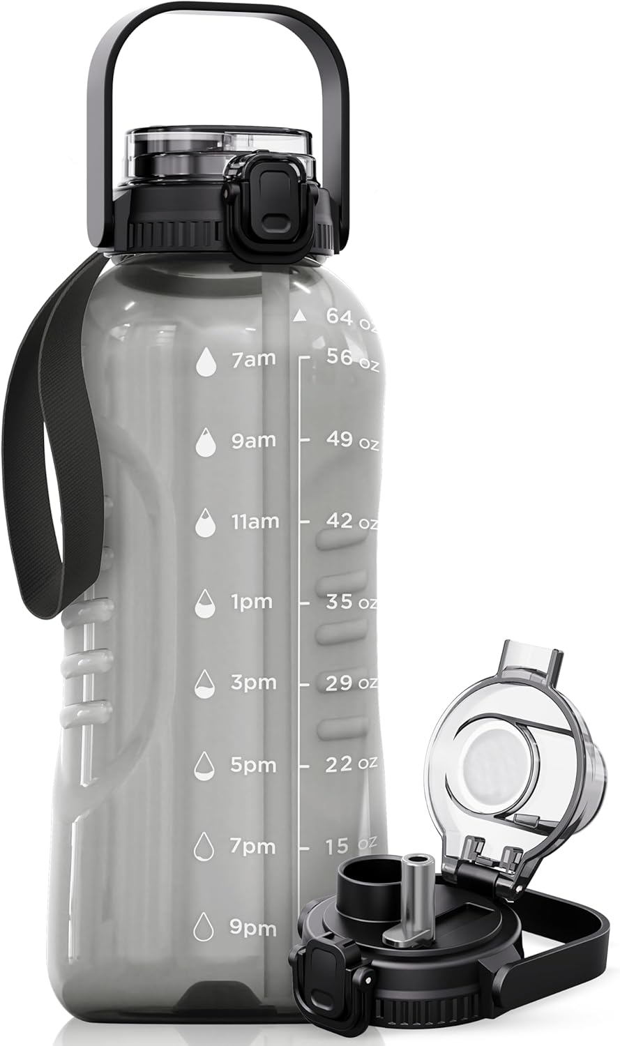 AQUAFIT 64 oz Water Bottle with Time Marker - 2in1 Straw & Chug Lid - BPA Free Big Water Bottle with Straw - Gym Water Bottle with Strap - Water Jug (64 Ounces, Gray)