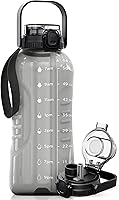 AQUAFIT 64oz Water Bottle with Time Marker & 2-in-1 Straw Chug Lid - Leakproof BPA-Free Half Gallon Gym Jug with Strap, Gray
