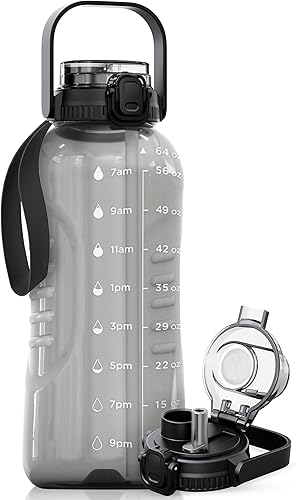 Miniatura 12 de AQUAFIT Botella de agua de 64 onzas con marcador de tiempo - Pajilla y tapa de trago 2 en 1 - Botella de agua grande sin BPA con pajilla - Botella