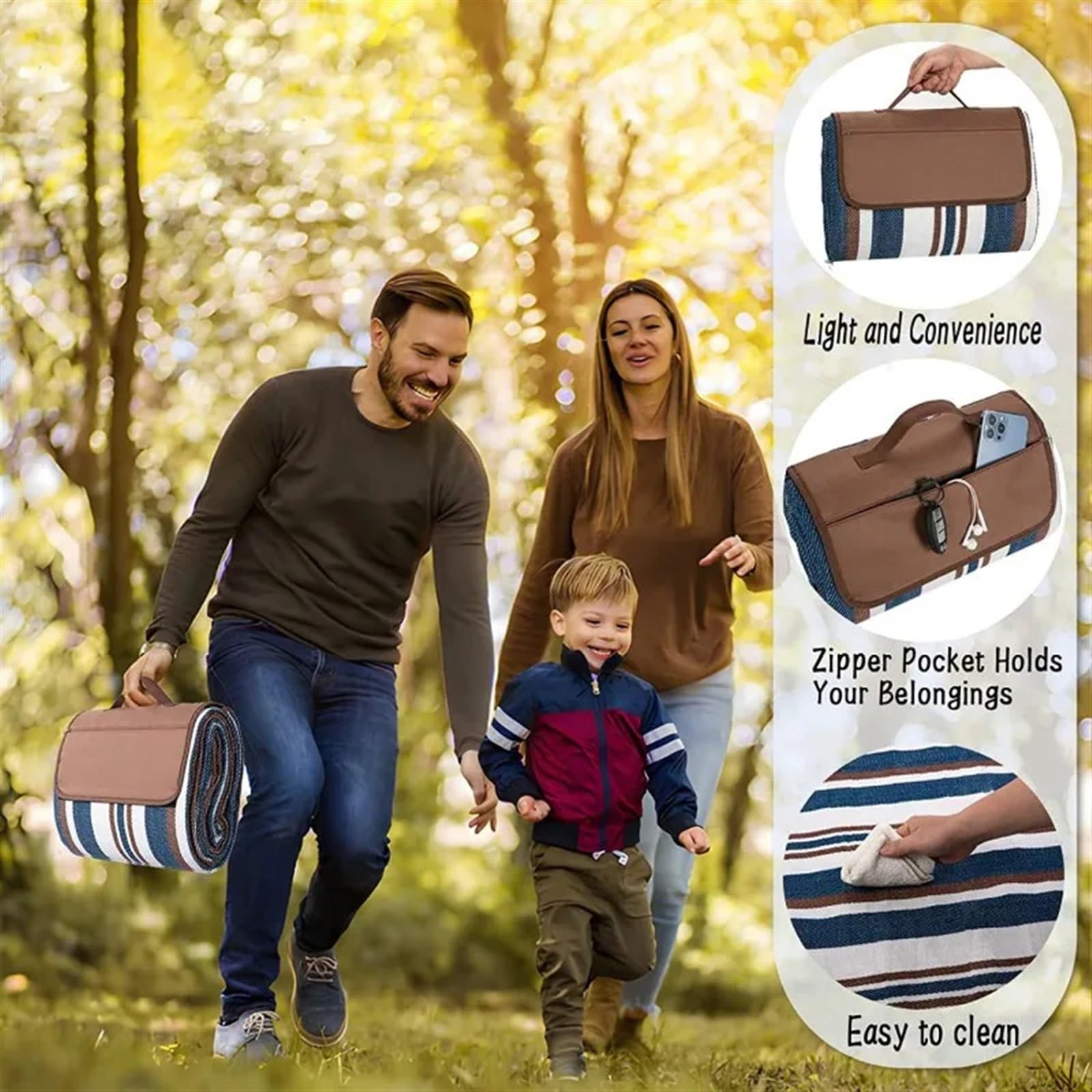 Bardzo duży wodoodporny koc piknikowy, 3-warstwowy podróżny koc plażowy z torbą na zakupy, idealny na kemping, wędrówki i spotkania rodzinne (100 x 100 cm)