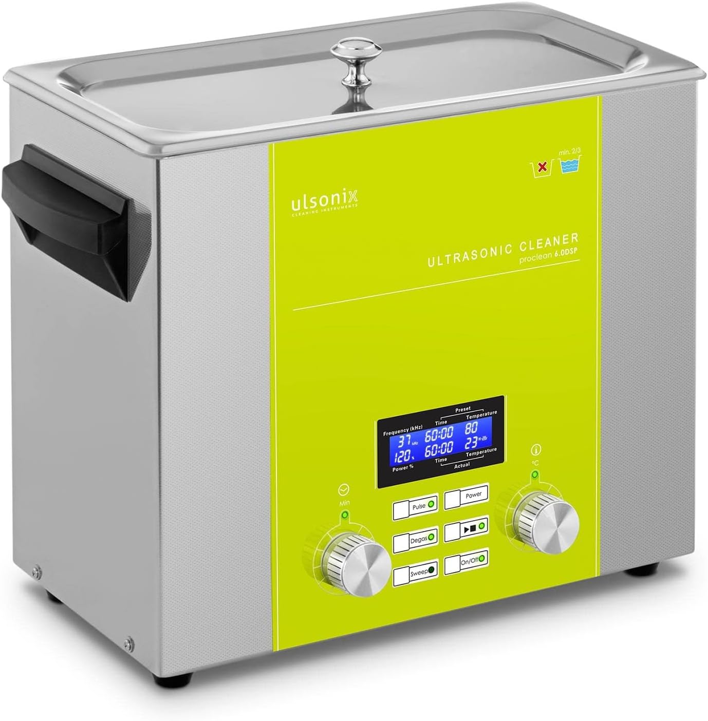 UlsonixIndustrial Ultrasonic Cleaner Degas Sweep Pulse Function Ultrasonic Bath 6L 240W PROCLEAN 6.0DSP (Stainless Steel, 37kHz, 3 Transducers, 0-80°C)