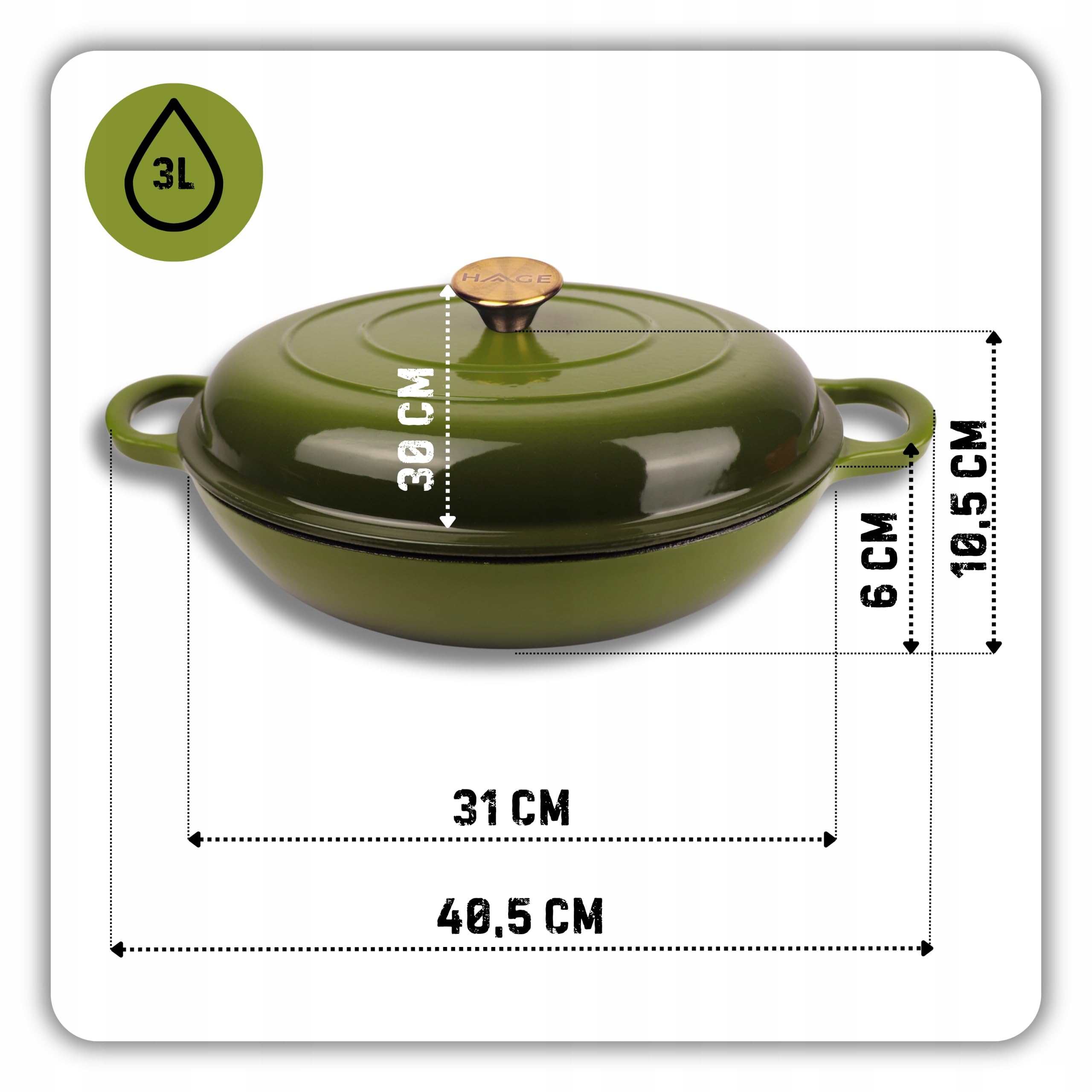 HAGE Cacerola de hierro fundido con tapa esmaltada 3 l 30 cm - Cacerola de hierro fundido esmaltado para todo tipo de fuegos - Cazuela para inducción apta para horno - Olla de hierro fundido para