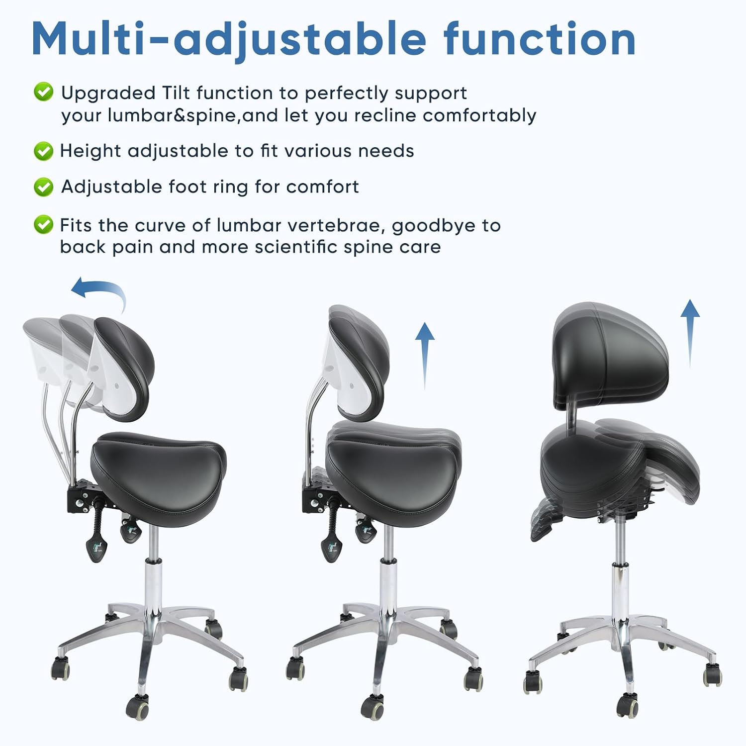Rolling Stool with Back Support&Split Seat,500lb Saddle Stool with Wheels | Adjustable Height& backrest|360° swivel|Silent PU casters|Ergonomic padded seat for Hair Stylist for Dentist Salon Tattoo