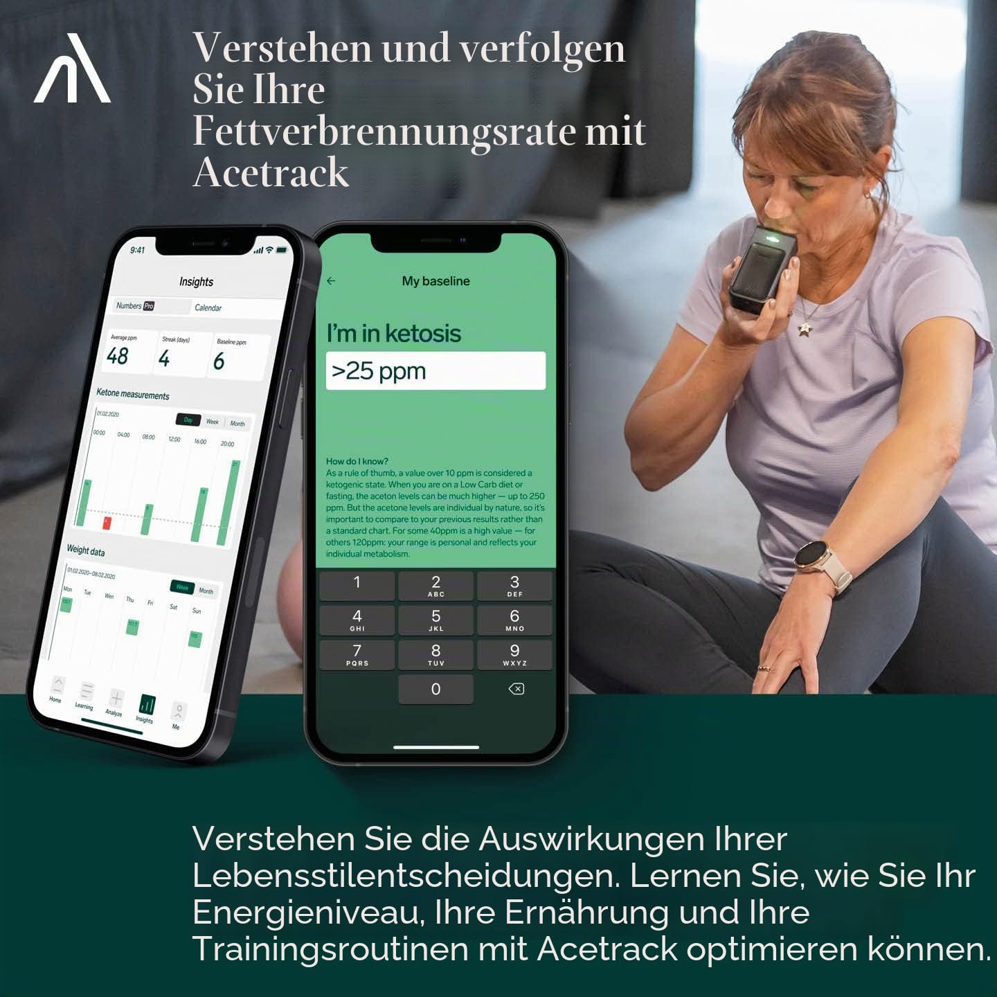 Ketone Messgerät | Stoffwechsel, Ketose, Low Carb Diäten, Fitness tracken | Elektronischer Aceton Stick, Bluetooth-Verbindung zu iPhone oder Android App