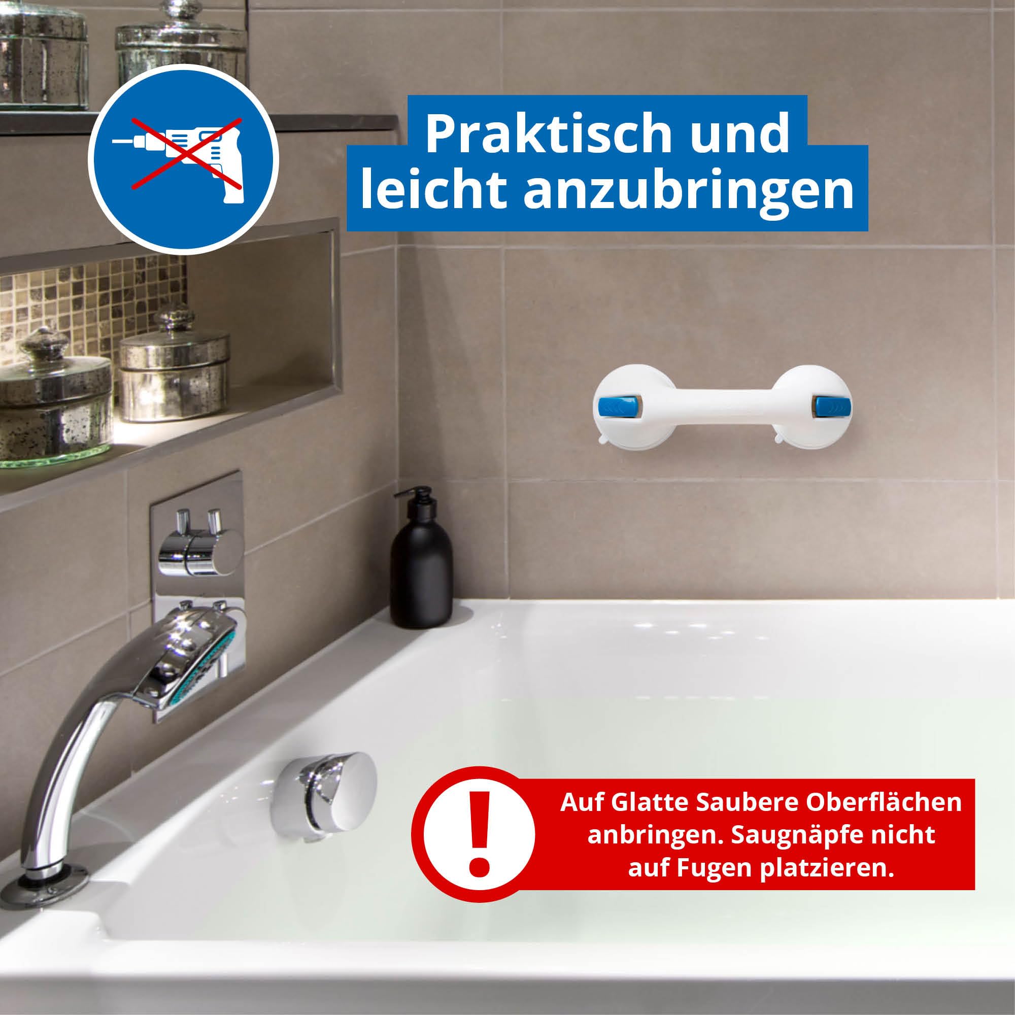 WEINBERGER leichter, starker mobiler Halte-Griff für jede Gelegenheit/mit Saugnäpfen/hält auf glatten(!) Oberflächen/für das Bad, Badewanne oder Dusche/perfekt zum Mitnehmen/Farbe: Weiß/Modell: 48711