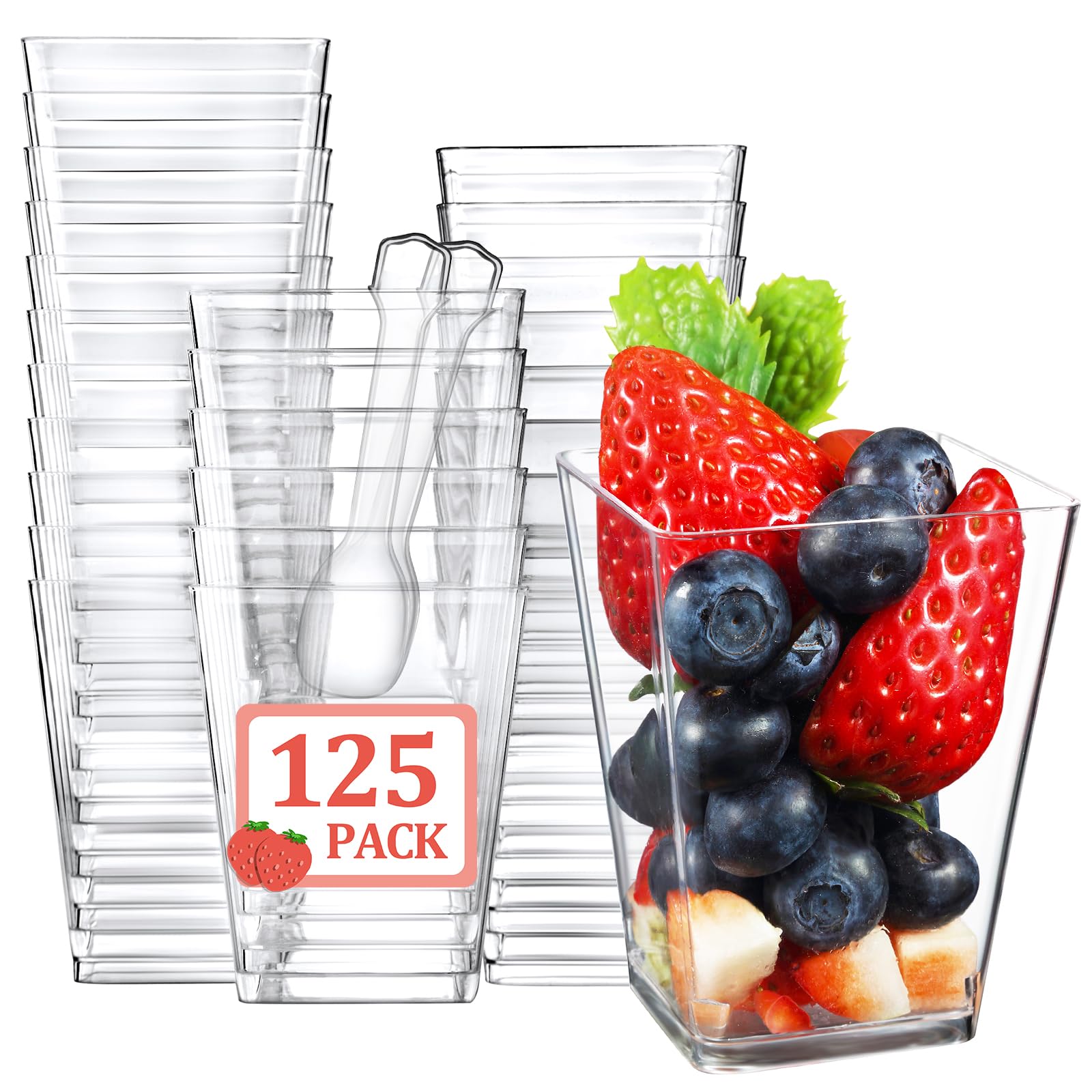 Eupako 125 Pack 5 OZ Plastic Mini Dessert Cups with Spoons - Clear Small Parfait Cups, Square Appetizer Cups for Fruit, Pudding, Mousse, Ice Cream, Party, Wedding, Valentine's Day