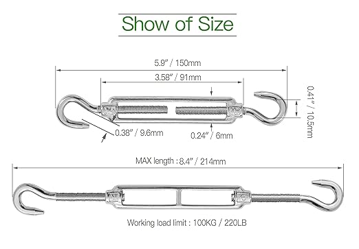 6 piezas tensor de cable gancho M6 de acero inoxidable 304 miniatura 4