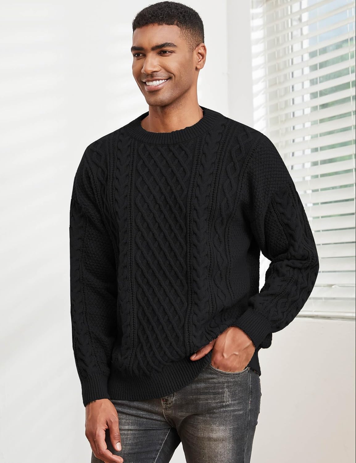 Men's Knit Sweater Crewneck Loose Fit Casual Twist Patterned Textured Long Sleeve Cable Knitted Pullover - Image 2