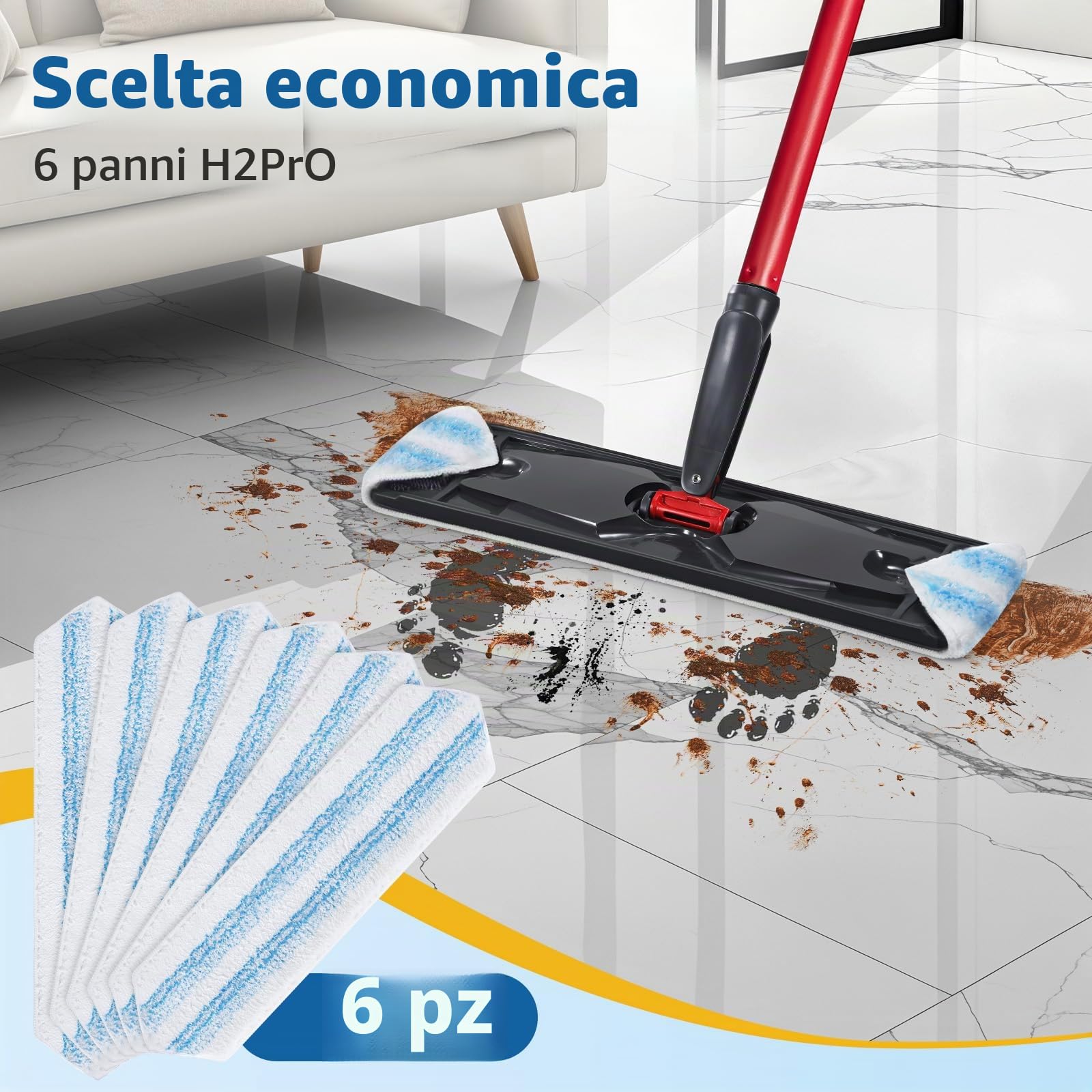 6 panni in microfibra compatibili con Vileda H2PrO e O-Cedar H2PrO - Rivestimento di ricambio per lavapavimenti e macchie di rimozione rapida