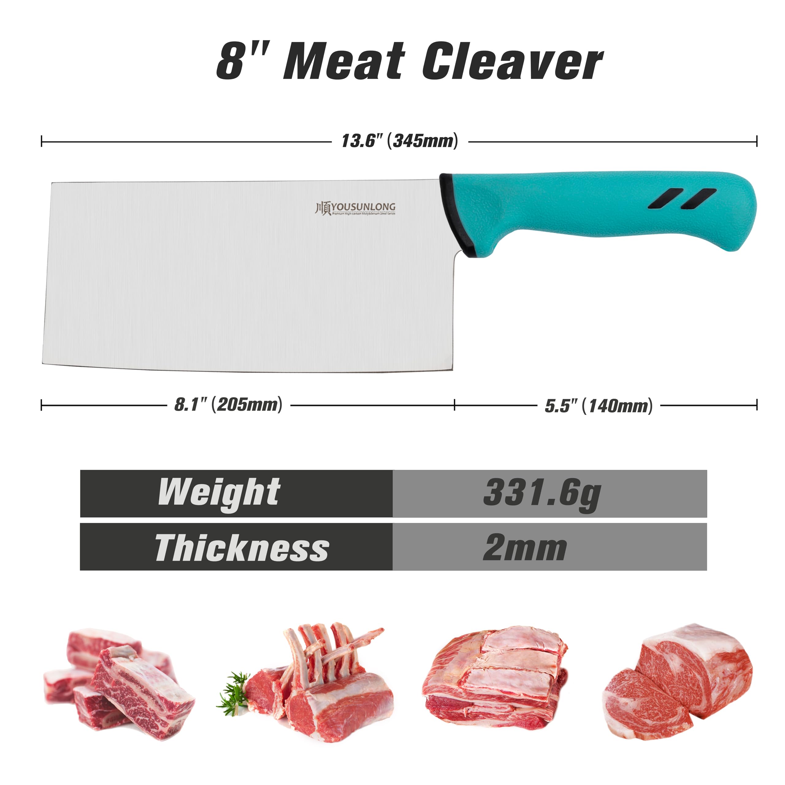 YOUSUNLONG Mannaia - Coltello per affettare carne e verdure da 180 mm - Lama in acciaio al molibdeno di alta qualità ad alto tenore di carbonio - Affilata come un rasoio - Impugnatura ergonomica e ant