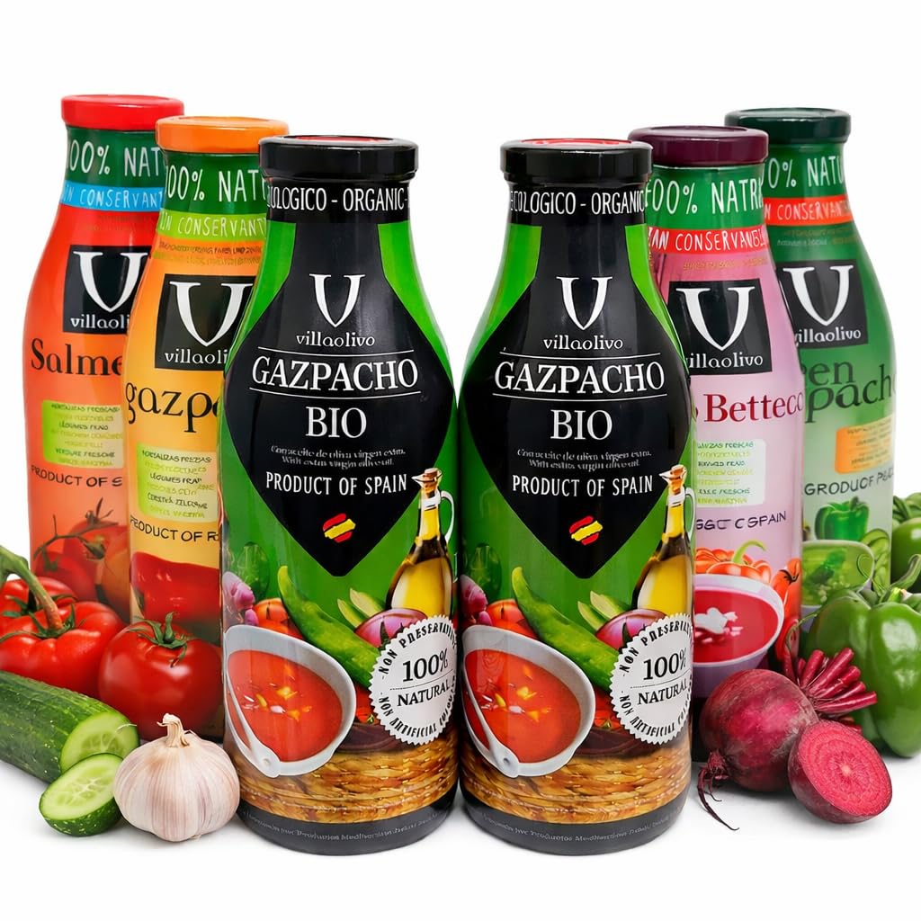 Villaolivo Pack Gazpachos y Salmorejos 1L (6 Botellas) Bio y Tradicional 100% Natural Sin Conservantes