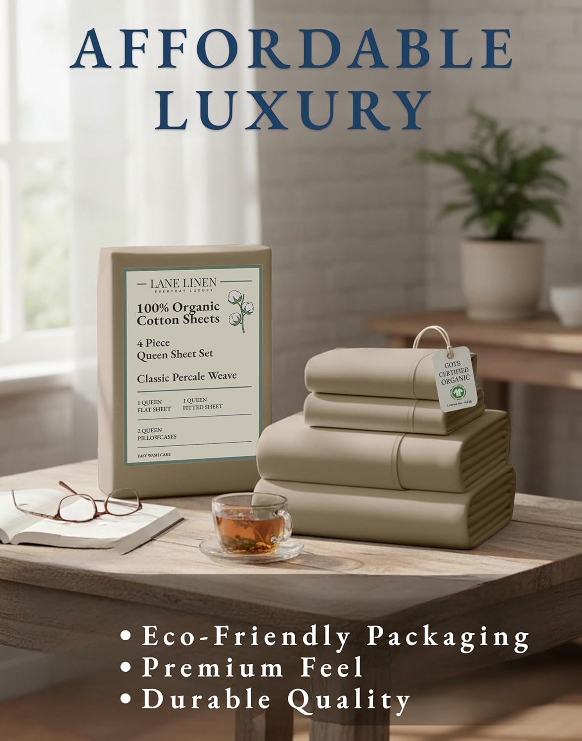 LANE LINEN 100% Organic Cotton Sheets Set Pure Long- Staple Percale Weave - Bedding for Bed Fits Mattress Upto 15" Deep Pocket (Queen Taupe) - Image 8