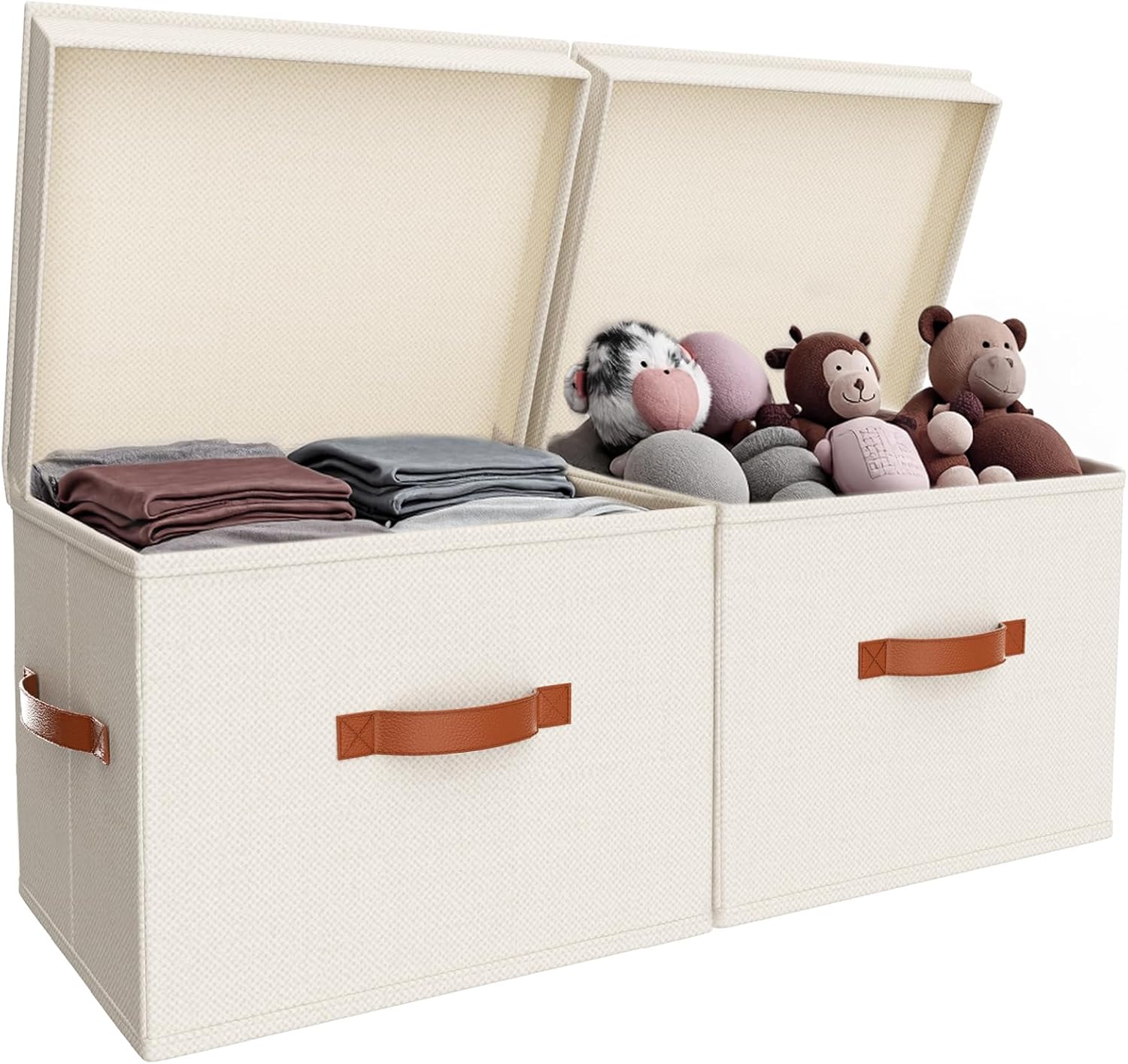 Stackable Storage Basket Bins with Lids and Handles Linen Foldable Closet Boxes Storage Cube Container Baskets Organizers for Clothes Toys Books Blanket in Bedroom Home Office, XX-Large, 2-Pack