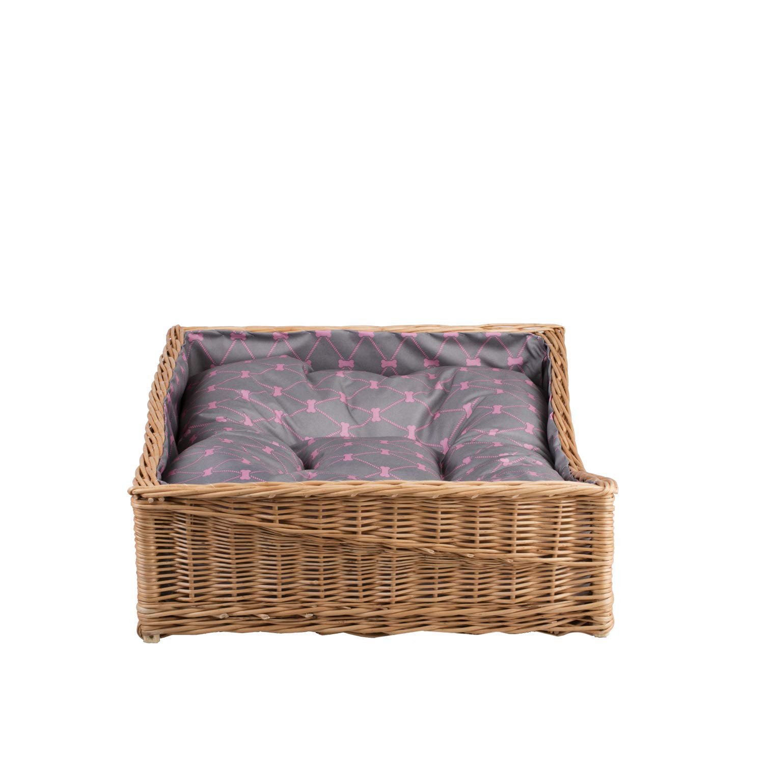 Cama de Mimbre para Perro con cojín, Cesta Hecha a Mano de Mimbre Natural, Transpirable y Estable, Cama ecológica para Perro Interior hogar (cojín Gris)