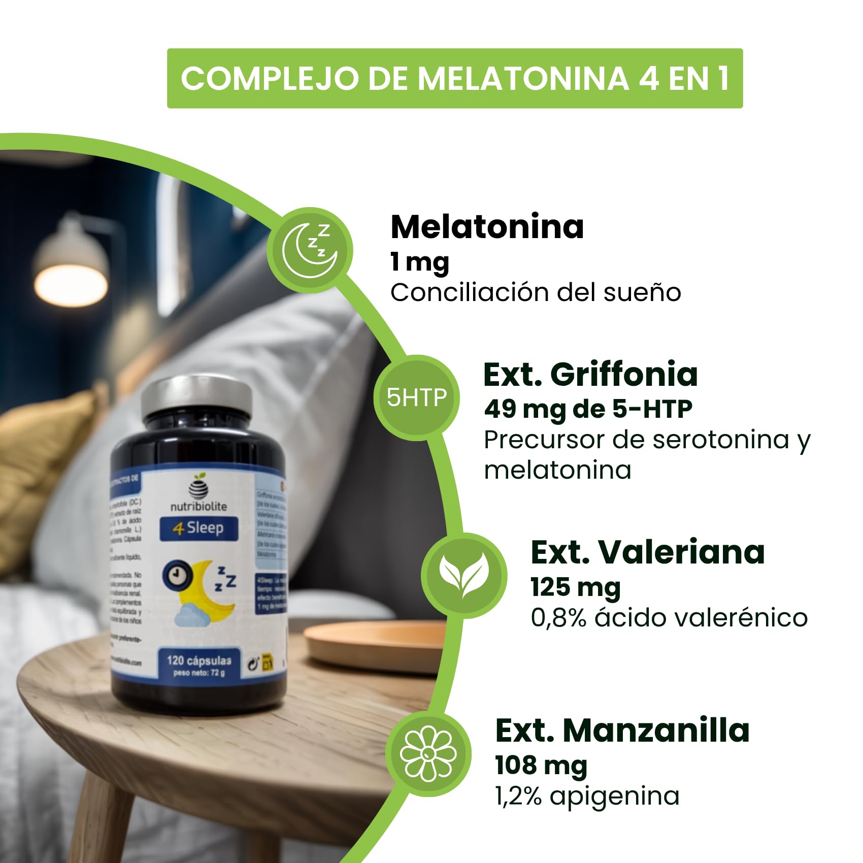Complejo de Melatonina con 5-HTP Griffonia, Valeriana y Manzanilla – 120 Cápsulas Veganas | Suplemento Natural para Dormir Mejor, Reducir Insomnio, Estrés y Jet Lag – 4Sleep Nutribiolite