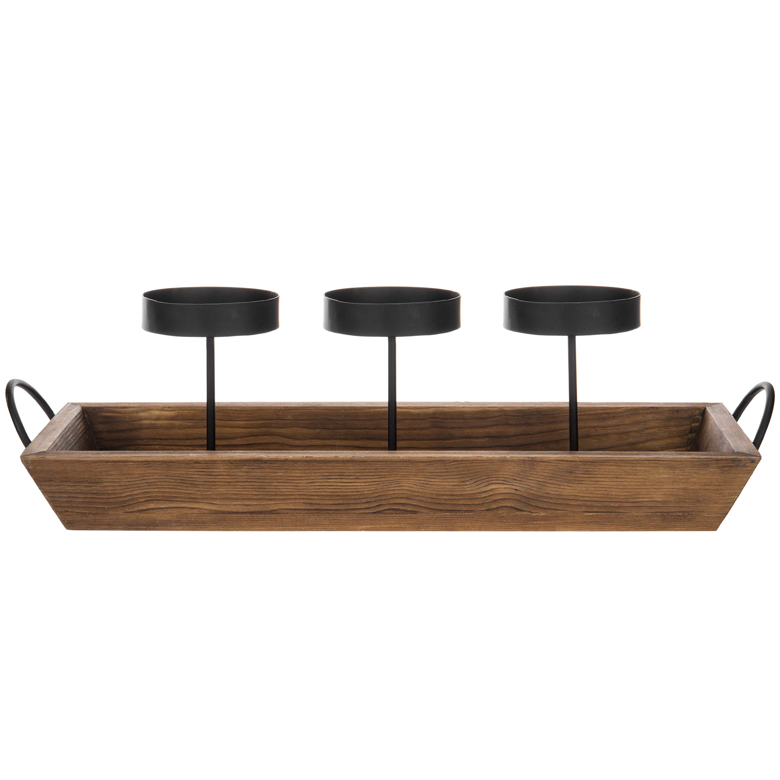 Portavelas de metal negro de 3 pilares con bandeja de madera rústica y asas, centro de mesa y mantel 2
