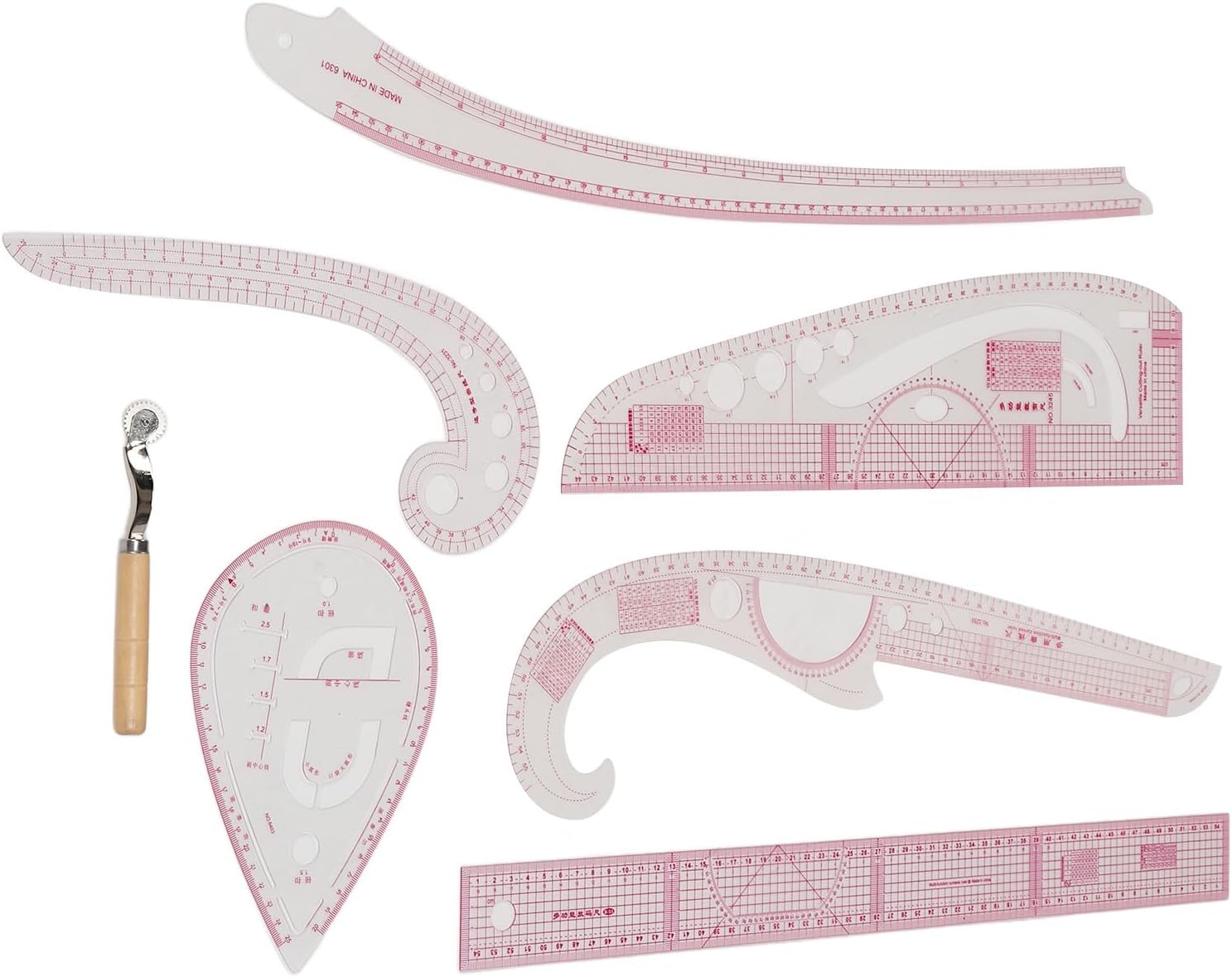 SIXRUN 7Pcs French Curve Pattern Ruler Sets, Transparent PVC Metric Sewing Tools for Dressmaking, Quilting and Crafting, Curved Rulers with Protractor, DIY Design