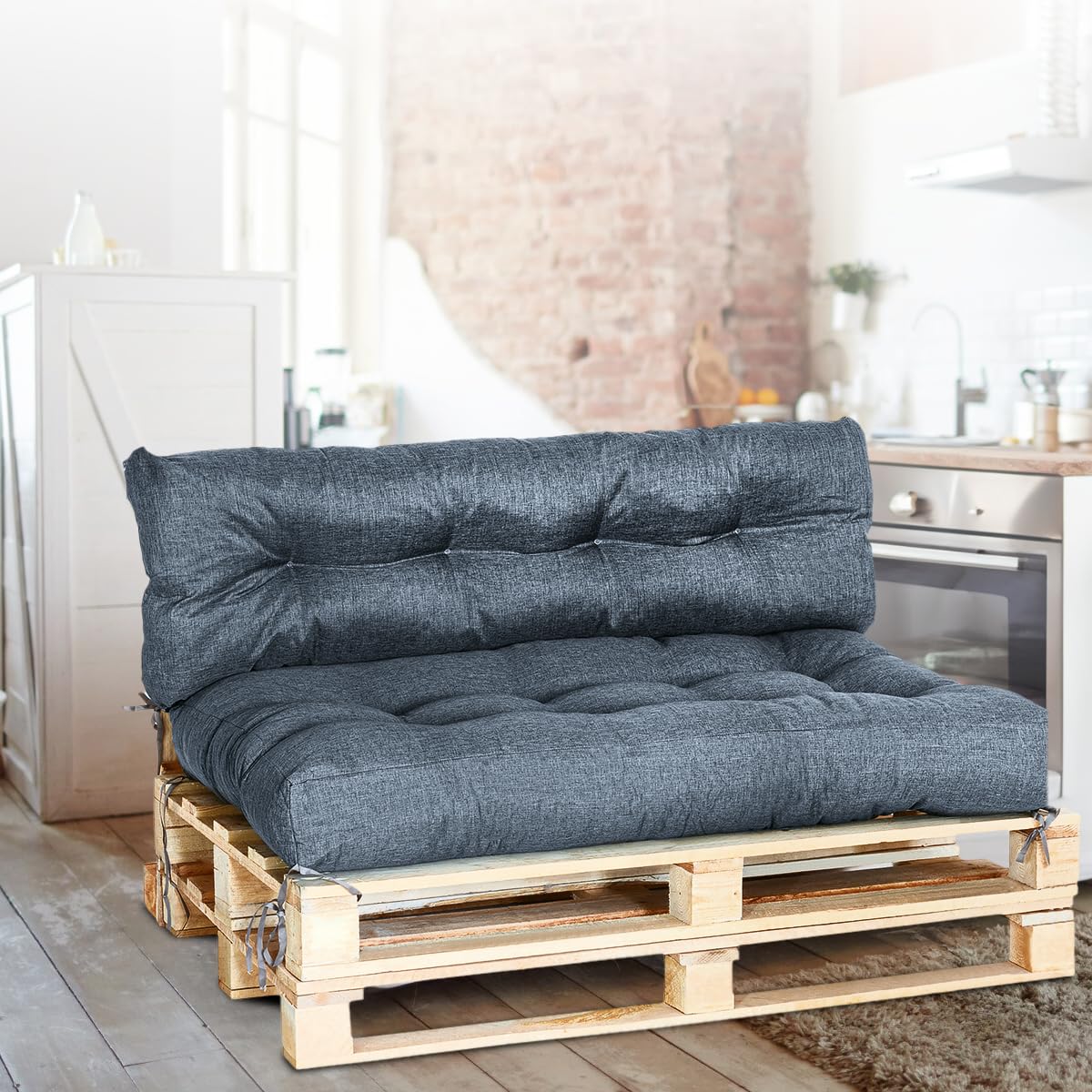 MKS Cuscino pallet Set di 3 impermeabile 120x80 120x40 60x40 cm con cinghie