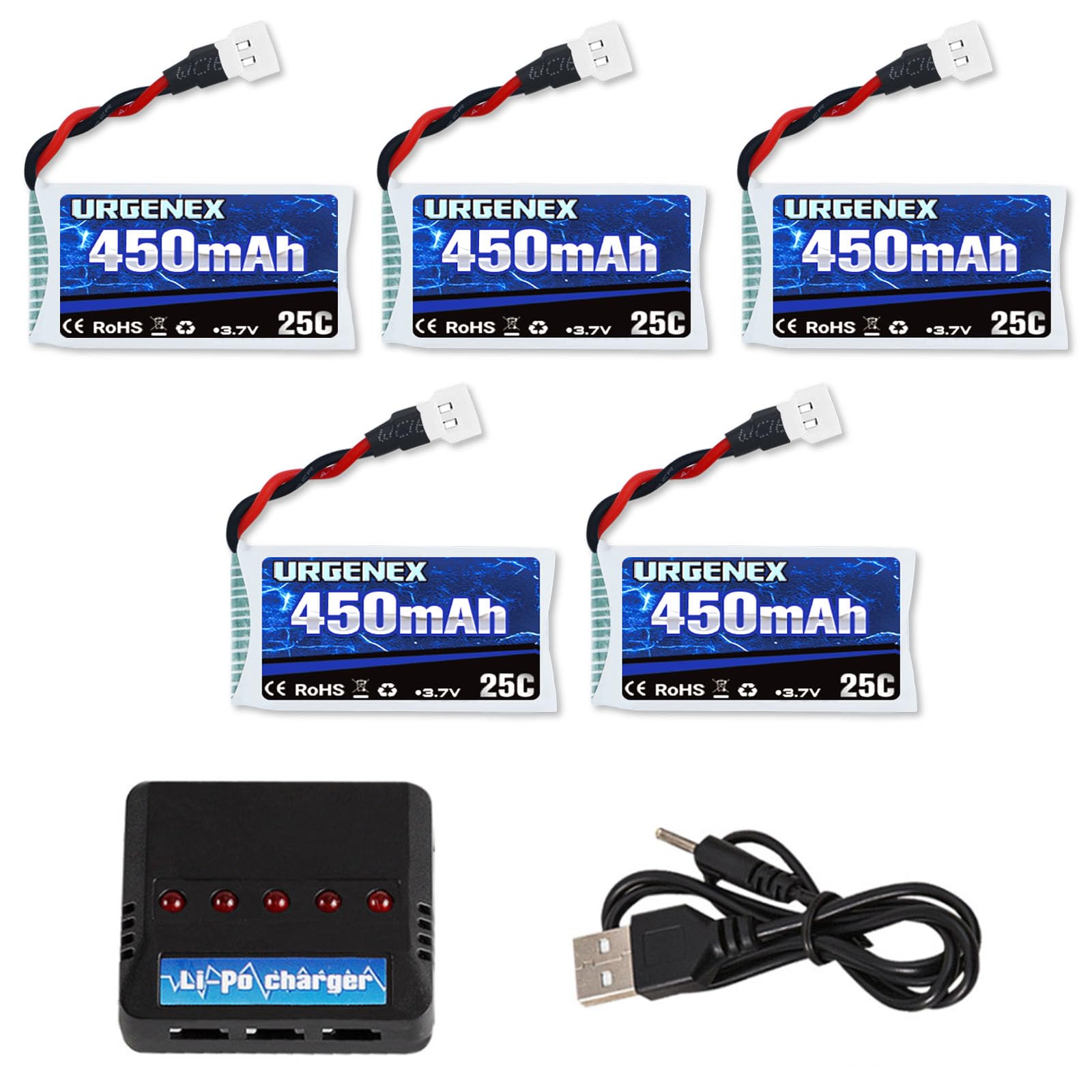 URGENEX 5PCS 3.7V 450mAh Drone Battery 25C 1S Lipo Battery with 5in1 Charger for SYMA Q11 AT-96 TR-C385 TR-P51 TR-F22 H99W H31 H6C H98 Holy Stone HS170G HS170 HS170C HS230 Drone Quadcopter Aircraft