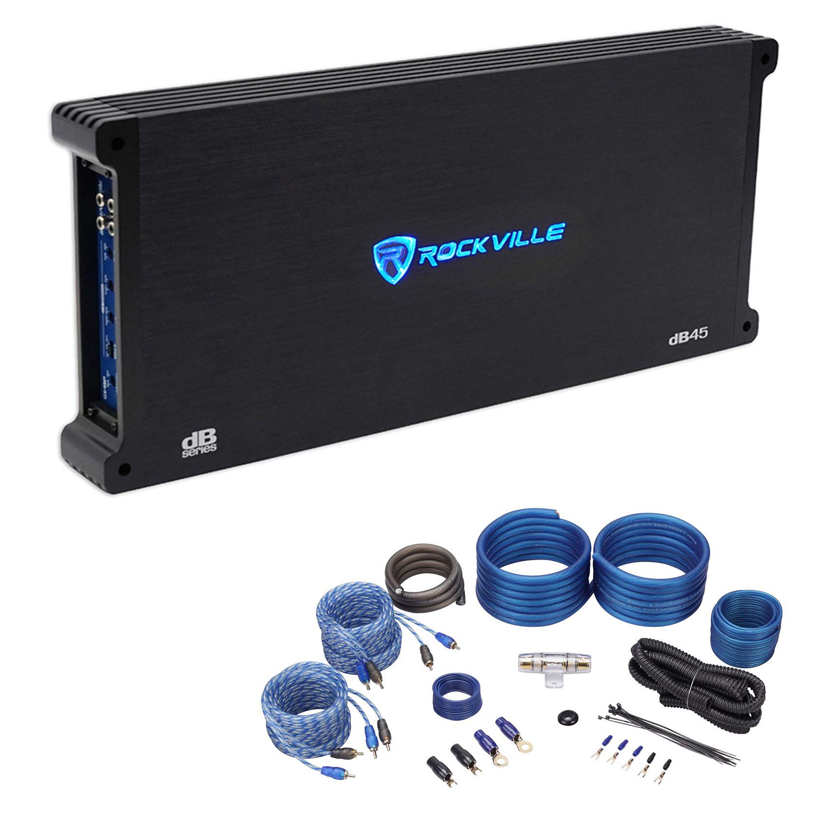(1) Rockville dB45 3200 Watt/800w RMS 4 Channel Amplifier Car Stereo Amp, Loud!! Bundle with (1) Rockville RWK42 4 Gauge 4 Chan Car Amp Wiring Installation Wire Kit RCA's (2 Items)