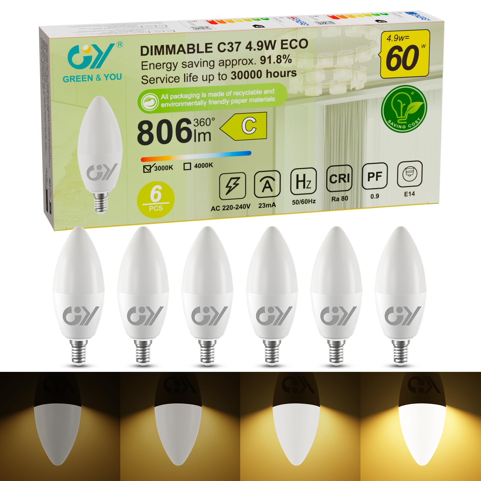 GY E14 LED Dimmable 4.9W (Replaces 60W), 807 Lumens High Brightness, 3000K Warm White, C37 Candle-Style Bulb, Energy Class C, Flicker-Free Dimming, CE Certification, 6 PCS
