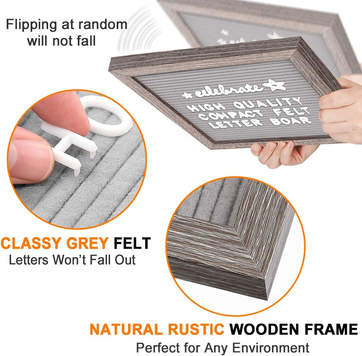 Felt Letter Board 10x10 Inches, Gray Changeable Message Board with Stand & Wall Hook, 803 Black & White Letters, Emojis, Months & Weeks, Arabic Numerals, Canvas Bag and Scissors - Rustic Wood Frame 2023 : Office Products