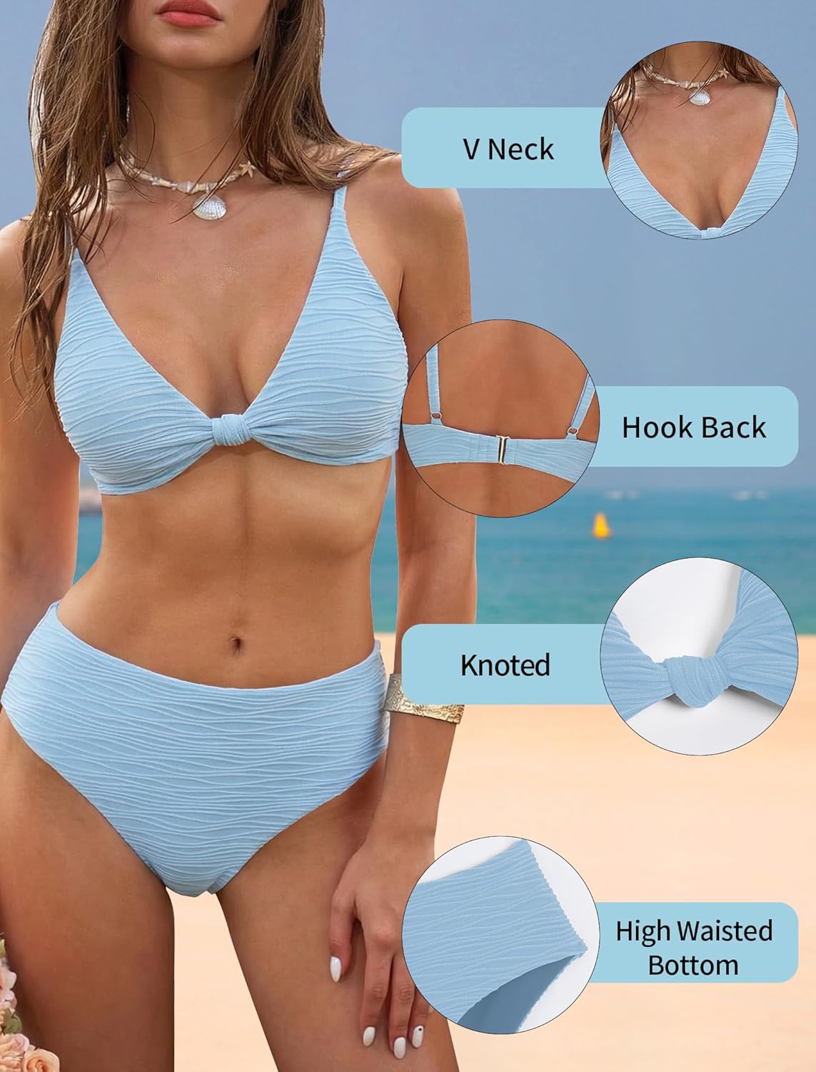 ZAFUL Bikini Set for Women V Neck Knot Front Push Up Bathing Suit High Cut Two Piece Swimsuit Brazilian Cheeky Swimwear