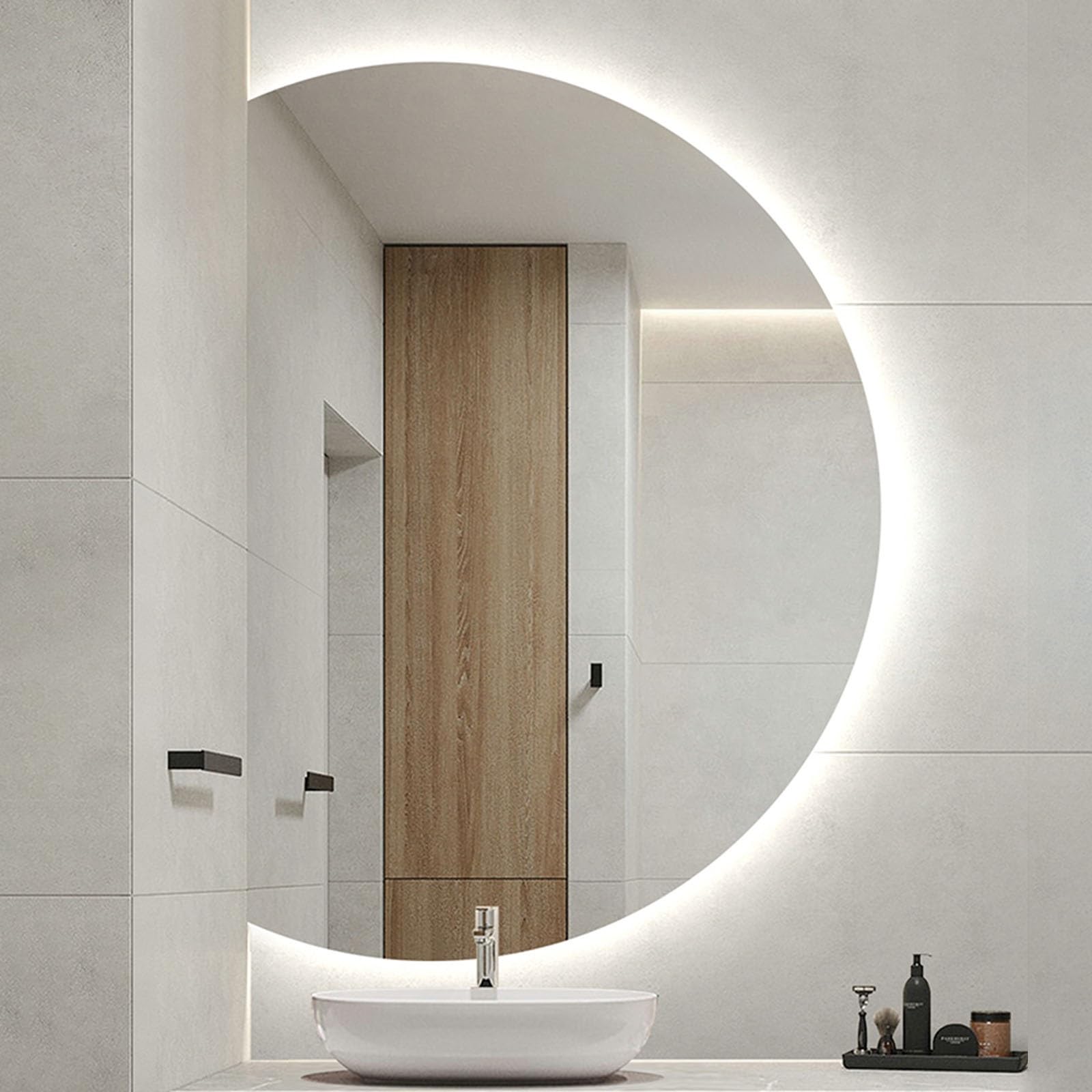 SXFSDOU 35" 39" LED Semicircle Smart Bathroom Mirror with 3 Colors Light, 47" 51" Frameless Half-moon Wall-mounted Makeup Mirror, Touch Switch(Left Cut,90x60cm/35x24in)