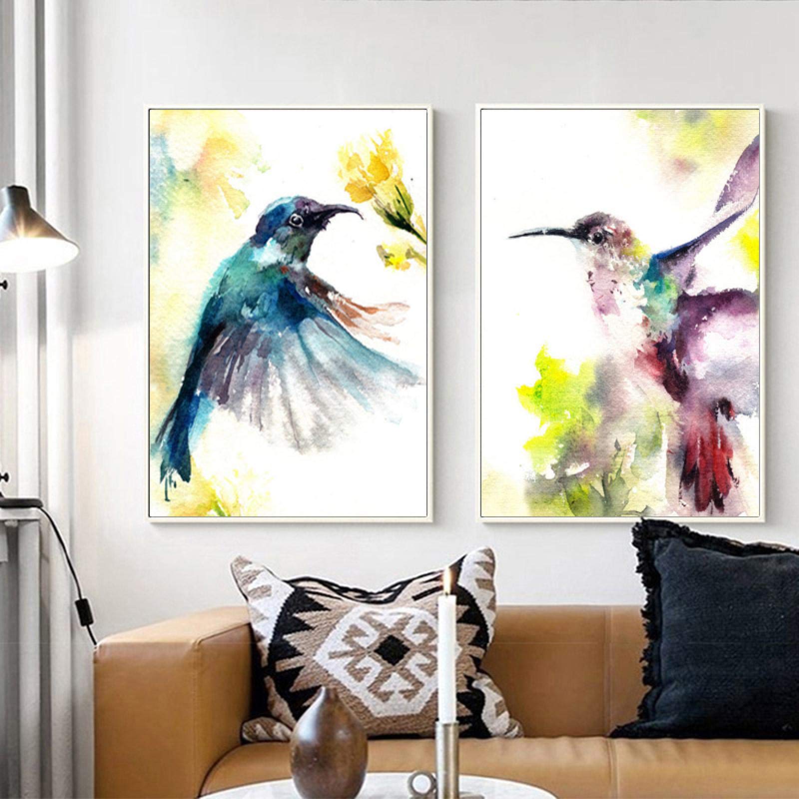 Acuarela Colibrí Animal Pósteres e impresiones Lienzo Pintura Pájaro Pintura Arte de la pared Cuadros para niños Sala de estar 30x45cm (12x18in) x2 con marco