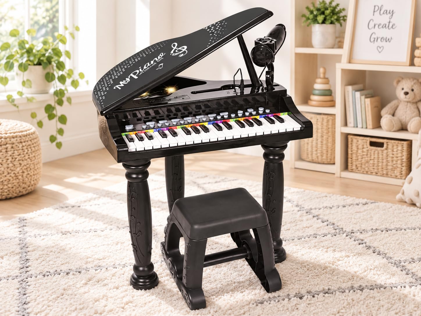 Piano pour enfants avec tabouret, clavier électronique 37 touches avec microphone, connexion MP3, smartphone, piano fonctionnel, bases rythmiques, haut-parleur, fonction enregistrement, lecture (A)