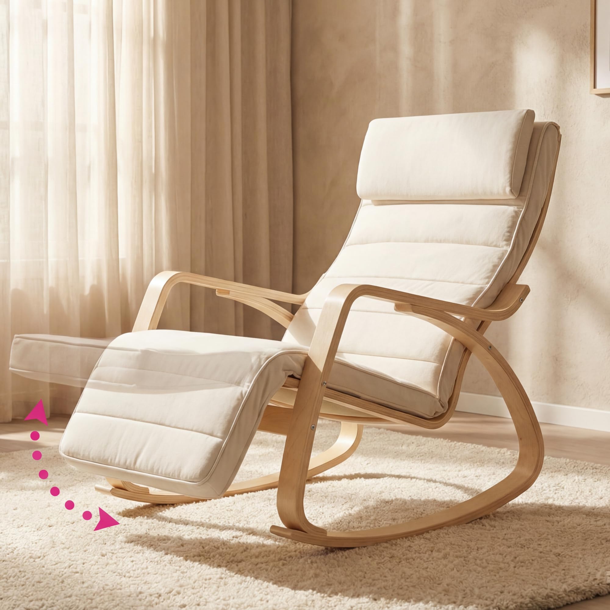 Bayt Sillón Relax Mecedora, Mecedora de Lactancia y Sillón de Lectura, Butaca de Salón Cómoda con Reposapiés, Patas de Madera, Estilo Escandinavo Moderno, Blanco